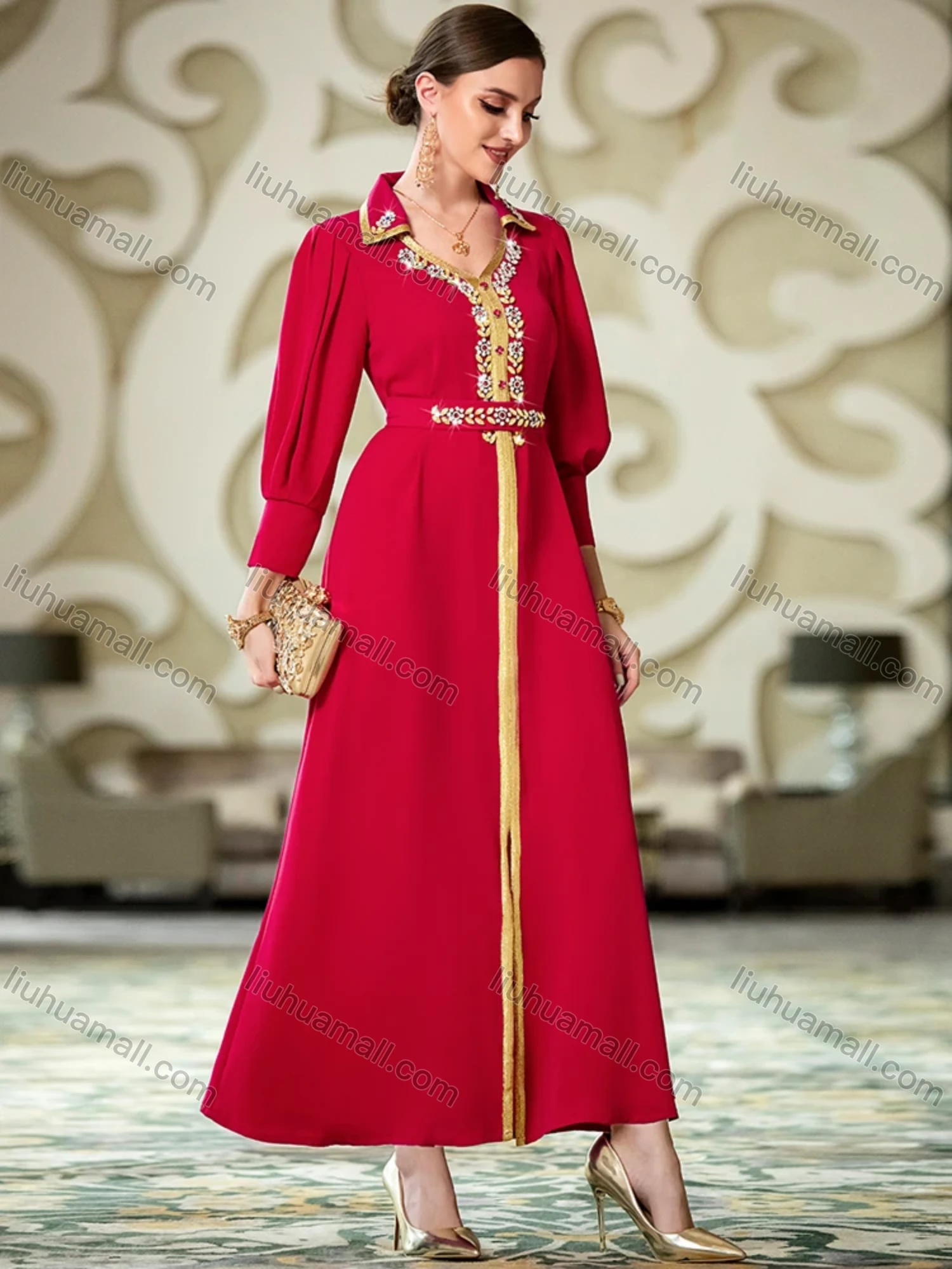 Wholesale Women's Elegant Muslim Islamic Plain Rhinestone Button Decor Embroidered Split Front Robe Dress BA3108# - Liuhuamall