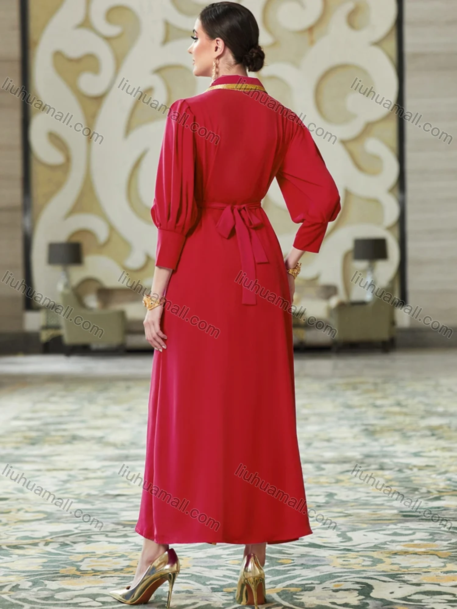 Wholesale Women's Elegant Muslim Islamic Plain Rhinestone Button Decor Embroidered Split Front Robe Dress BA3108# - Liuhuamall