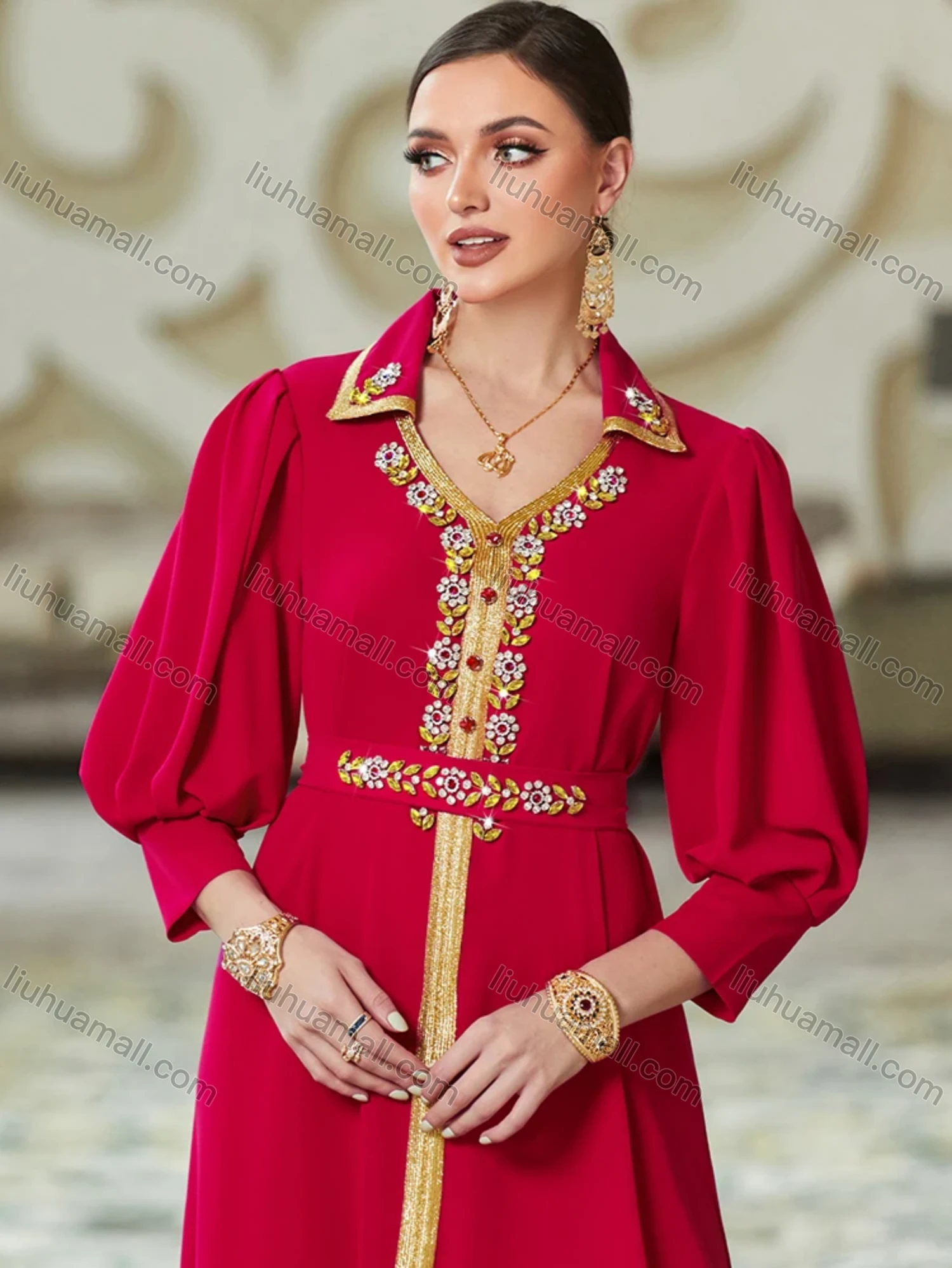 Wholesale Women's Elegant Muslim Islamic Plain Rhinestone Button Decor Embroidered Split Front Robe Dress BA3108# - Liuhuamall