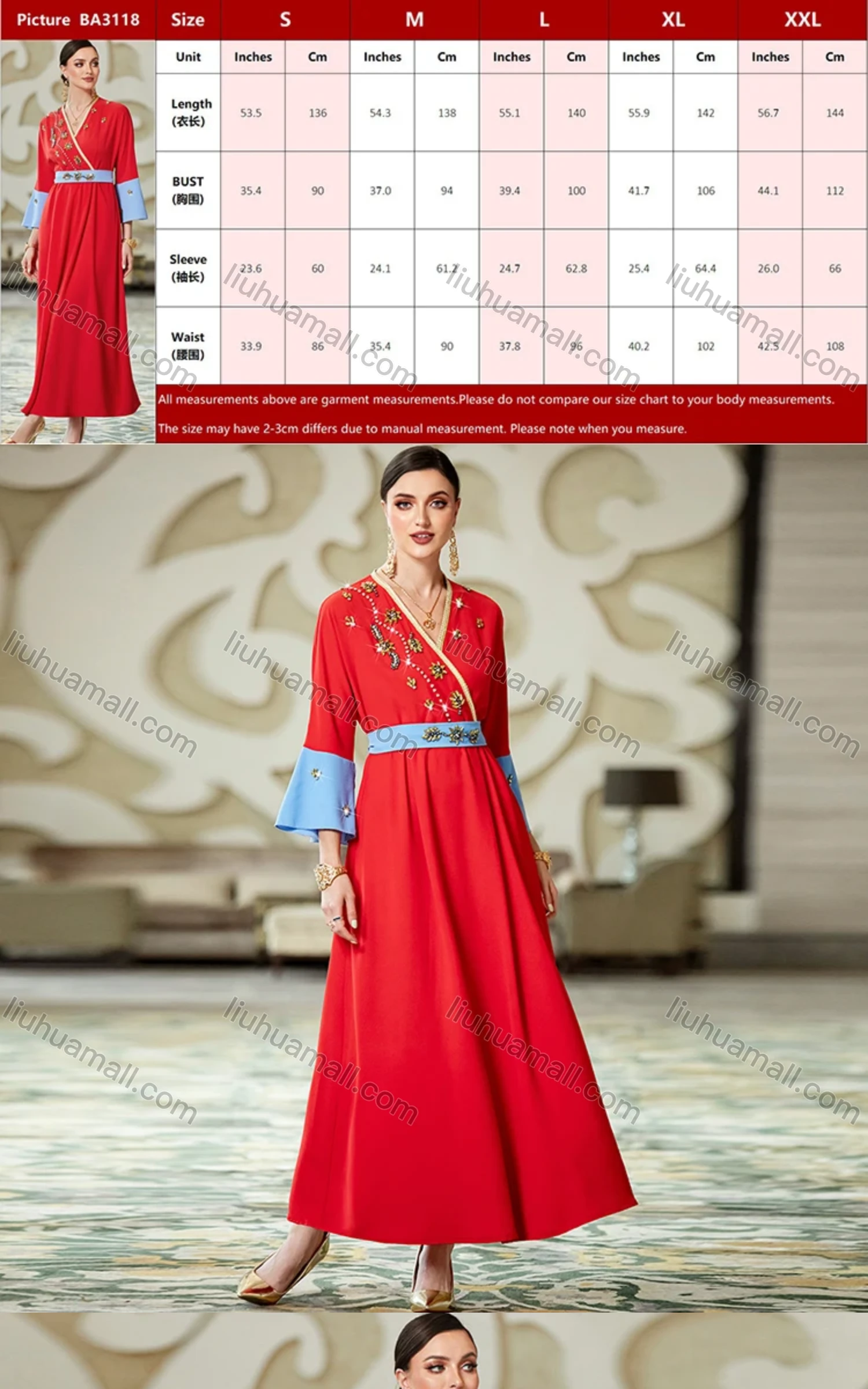 Wholesale Women's Muslim Islamic Wrap Rhinestone Decor Contrast Tie Back Robe Abaya Dress BA3118# - Liuhuamall