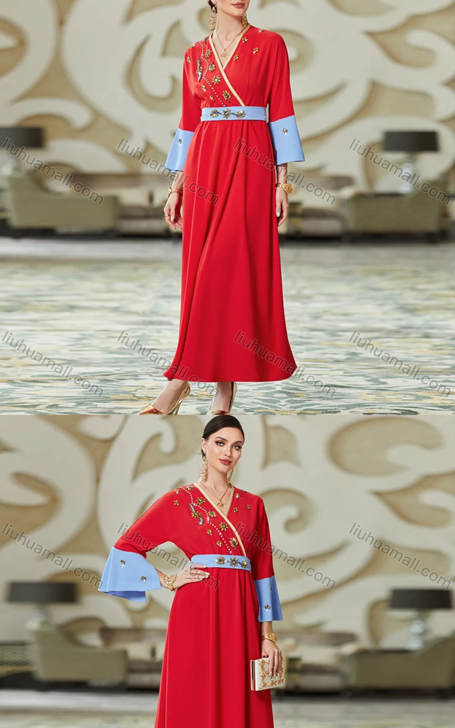 Wholesale Women's Muslim Islamic Wrap Rhinestone Decor Contrast Tie Back Robe Abaya Dress BA3118# - Liuhuamall