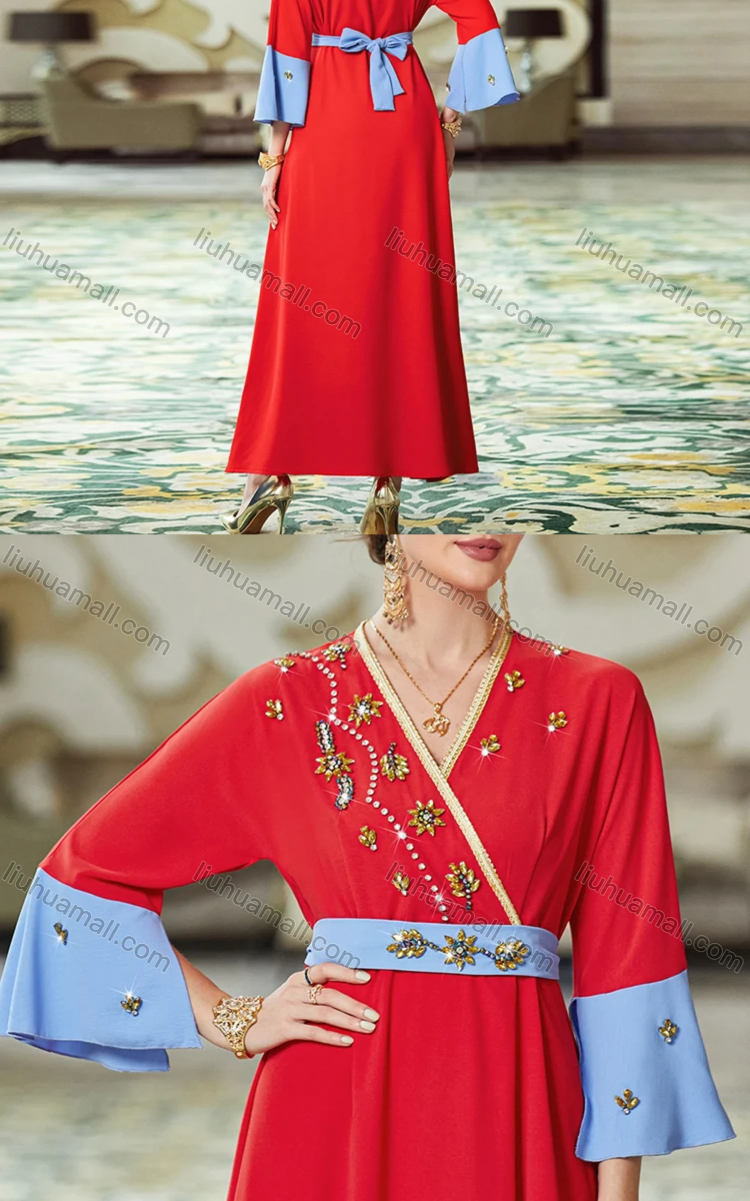 Wholesale Women's Muslim Islamic Wrap Rhinestone Decor Contrast Tie Back Robe Abaya Dress BA3118# - Liuhuamall