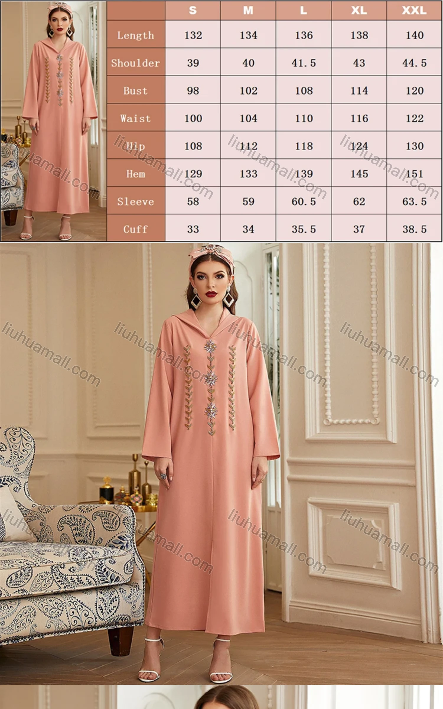 Wholesale Women's Muslim Islamic Hooded Embroidery Rhinestone Robe Abaya Dress BA3126# - Liuhuamall