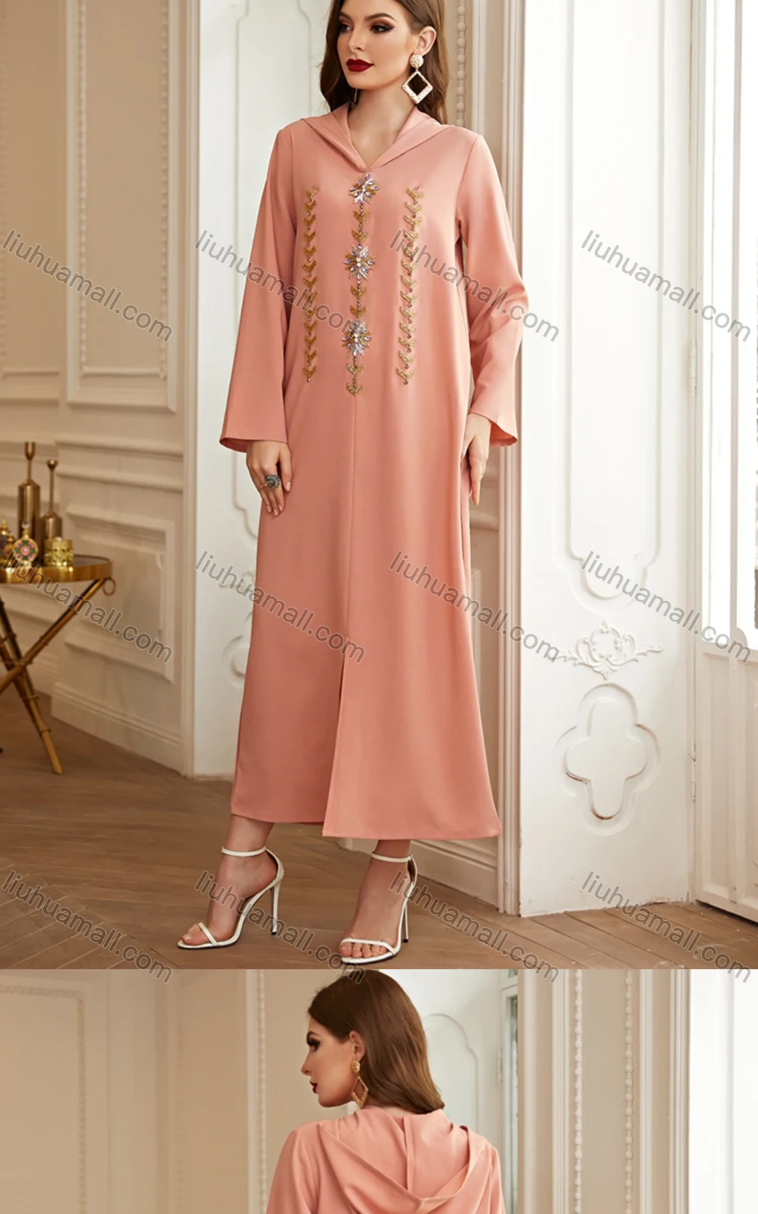 Wholesale Women's Muslim Islamic Hooded Embroidery Rhinestone Robe Abaya Dress BA3126# - Liuhuamall