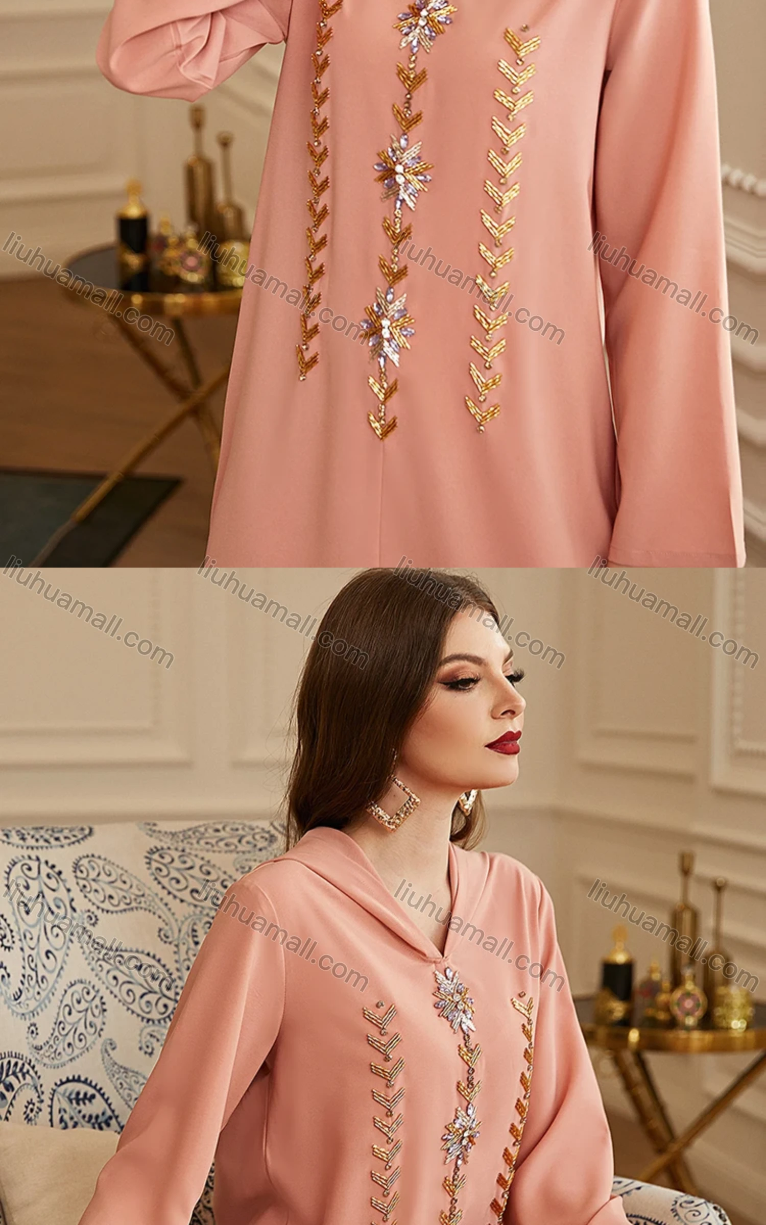 Wholesale Women's Muslim Islamic Hooded Embroidery Rhinestone Robe Abaya Dress BA3126# - Liuhuamall