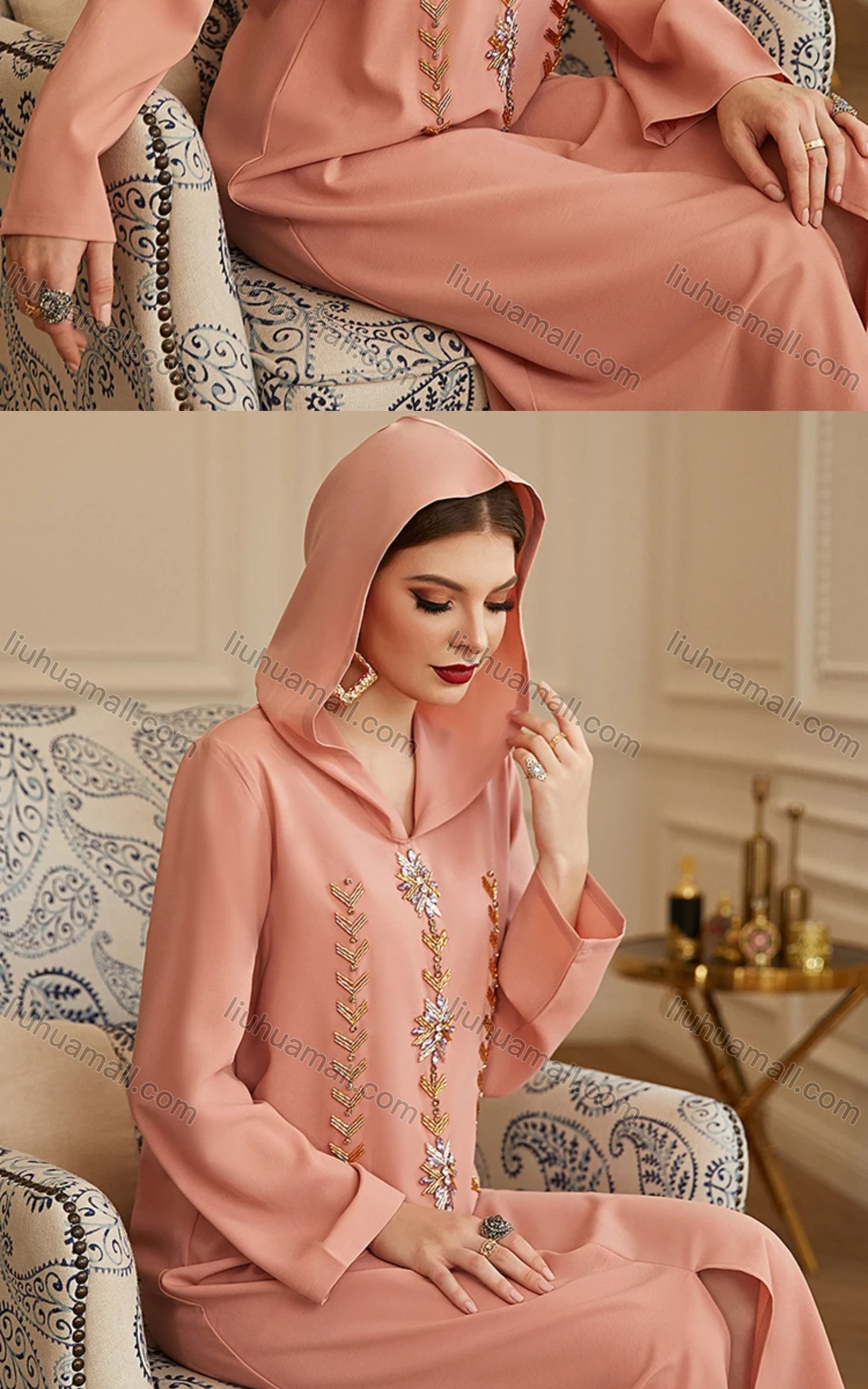 Wholesale Women's Muslim Islamic Hooded Embroidery Rhinestone Robe Abaya Dress BA3126# - Liuhuamall