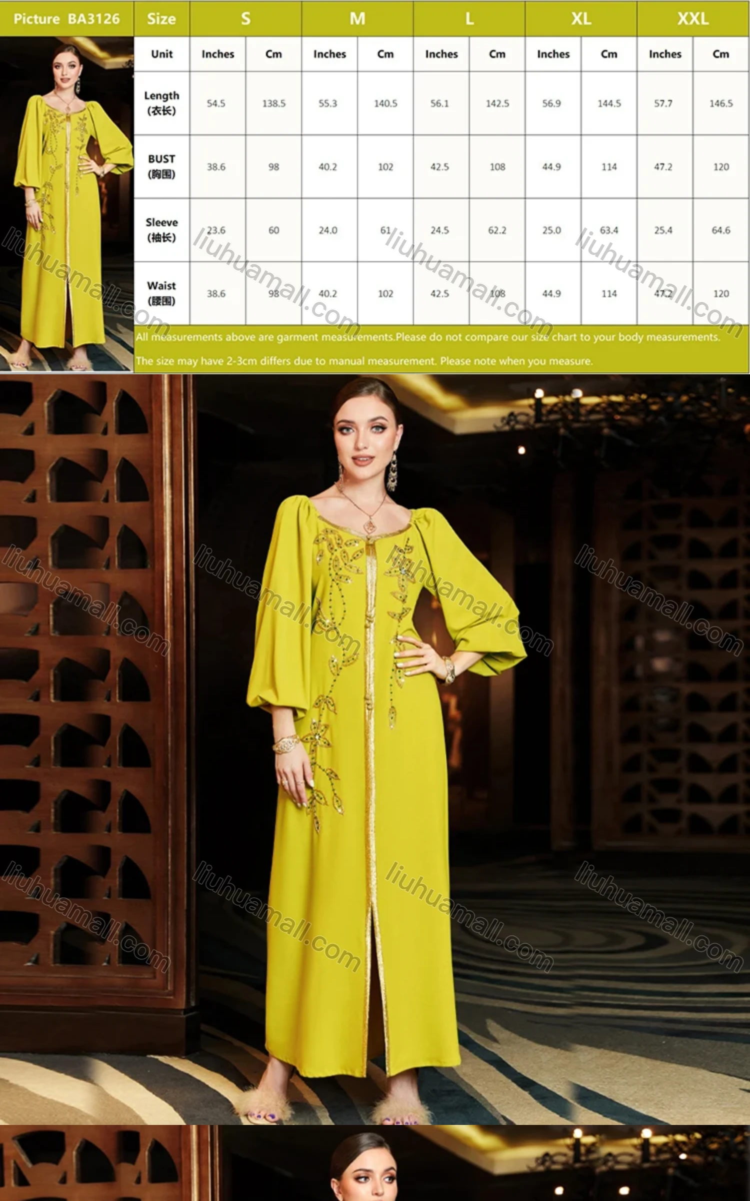 Wholesale Women's Arabic Dubai Muslim Islamic Puff Sleeve Rhinestone Embroidery Floral Robe Dress BA3126# - Liuhuamall