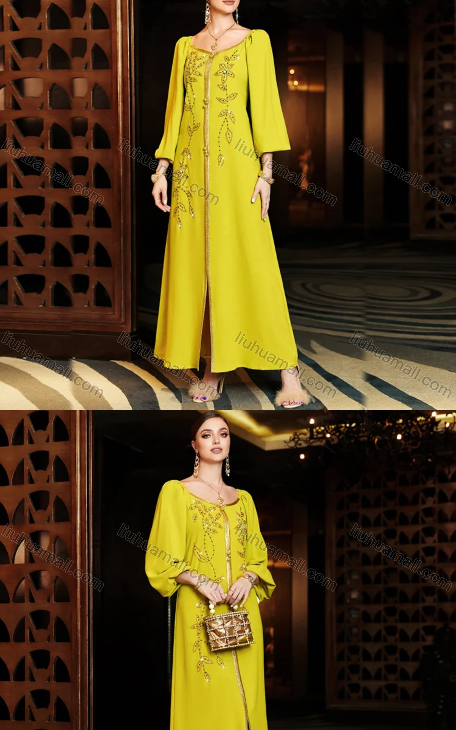 Wholesale Women's Arabic Dubai Muslim Islamic Puff Sleeve Rhinestone Embroidery Floral Robe Dress BA3126# - Liuhuamall