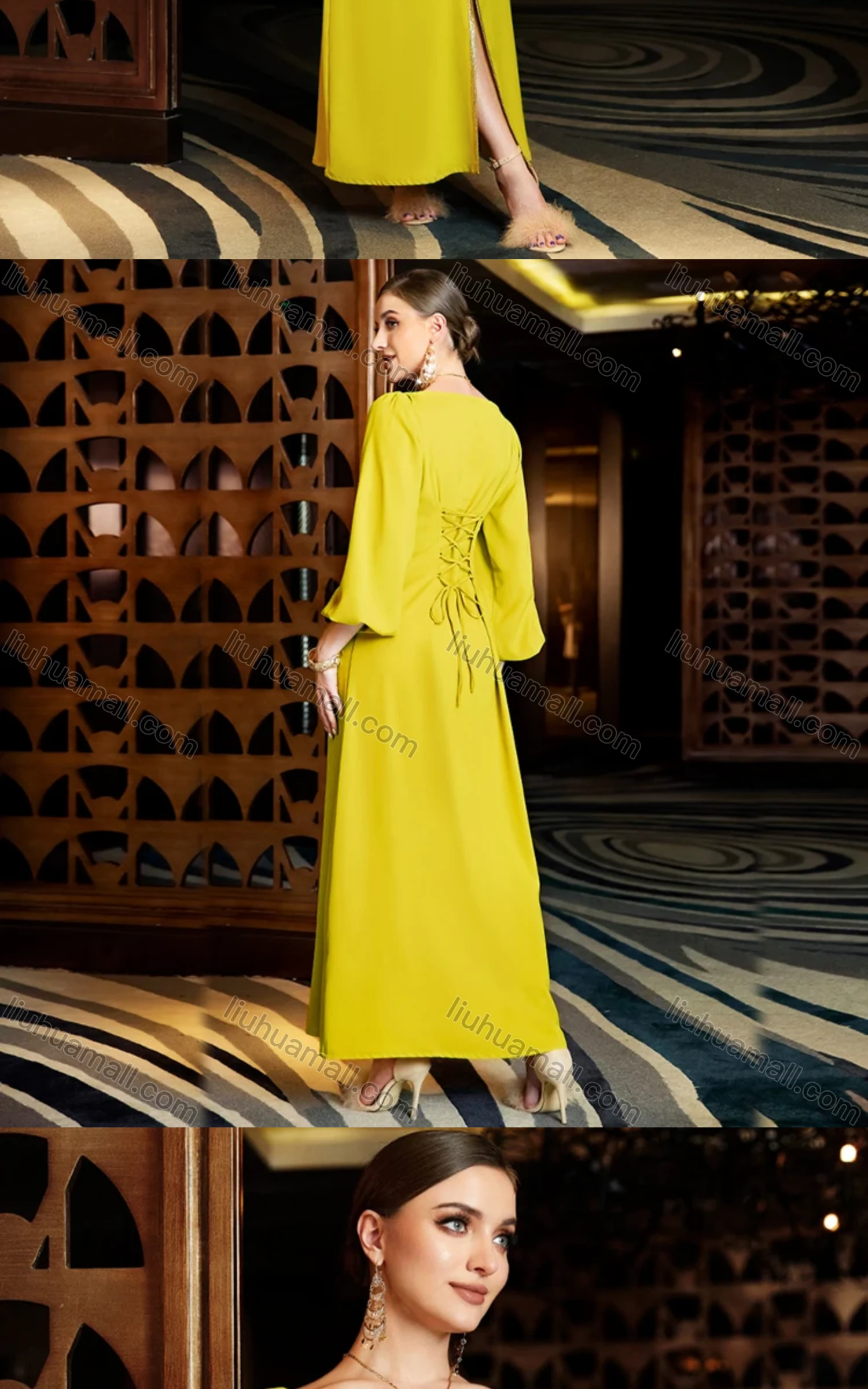 Wholesale Women's Arabic Dubai Muslim Islamic Puff Sleeve Rhinestone Embroidery Floral Robe Dress BA3126# - Liuhuamall