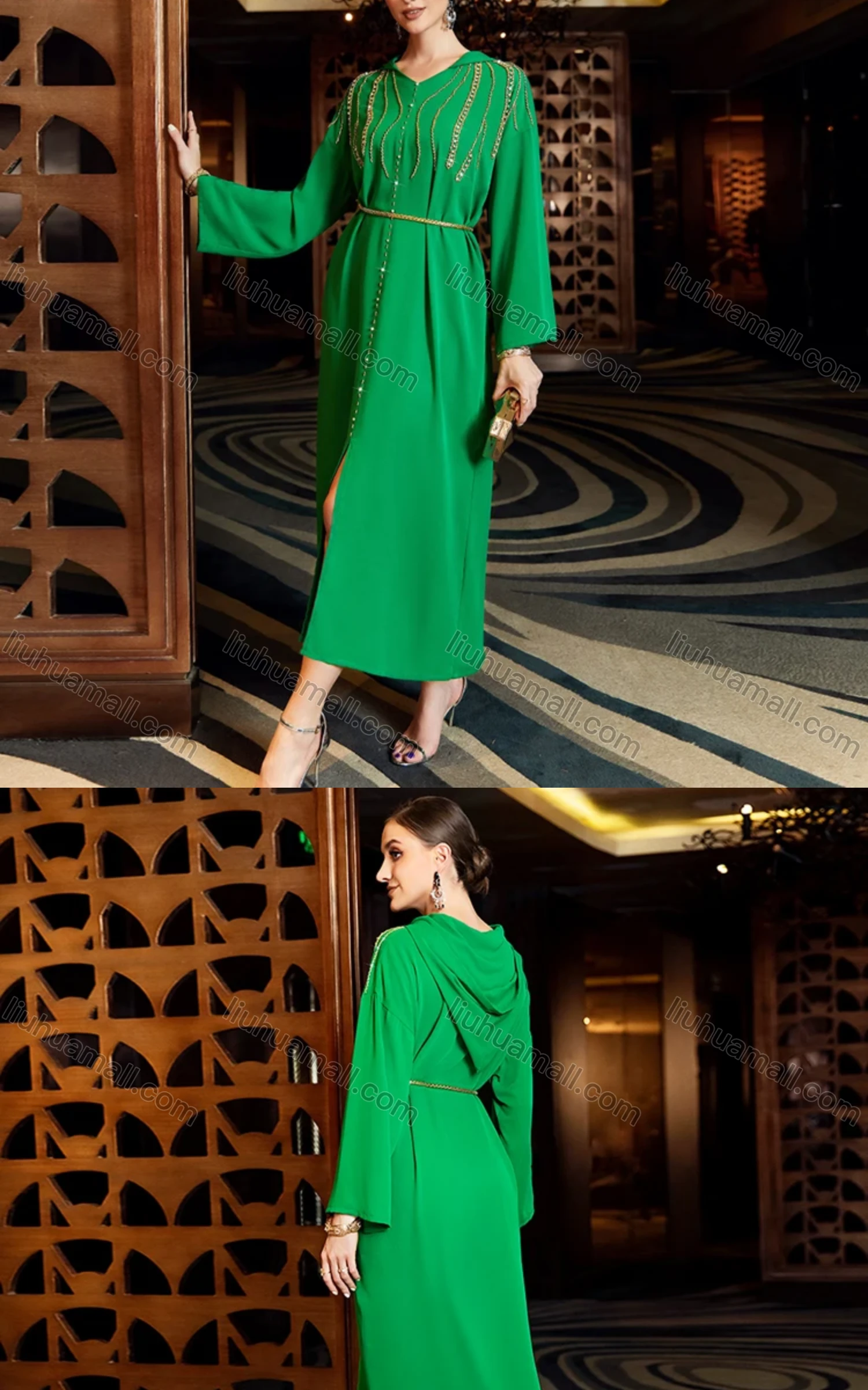 Wholesale Women's Muslim Islamic Hooded Rhinestone Split Front Embroidered Robe Dress BA3150# - Liuhuamall