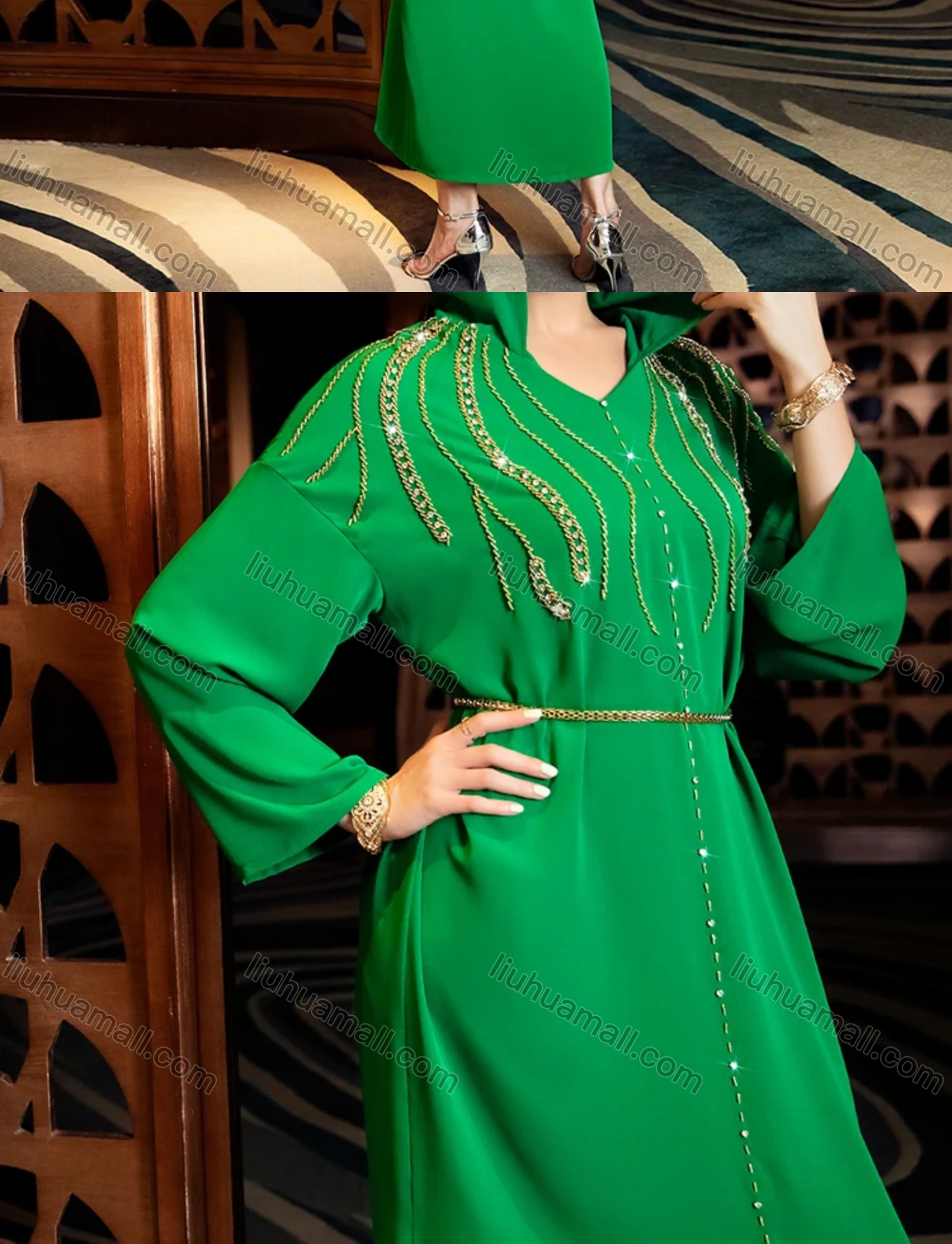 Wholesale Women's Muslim Islamic Hooded Rhinestone Split Front Embroidered Robe Dress BA3150# - Liuhuamall