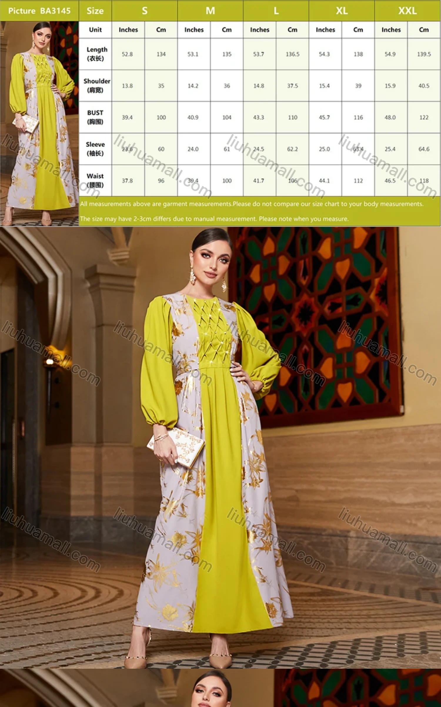 Wholesale Women's Elegant Muslim Islamic Bronzed Print Splicing Ruched Rhinestone Robe Dress BA3154# - Liuhuamall