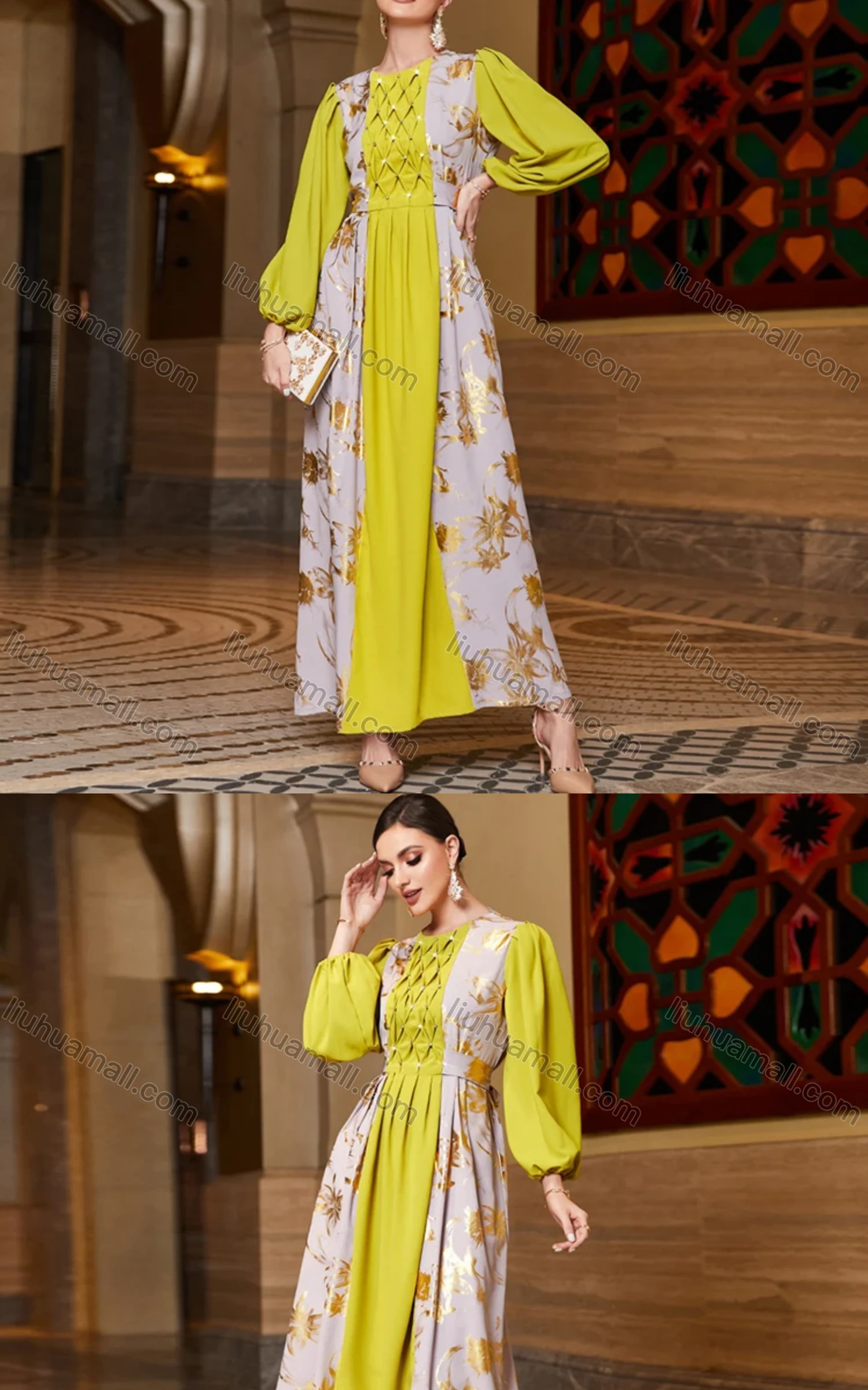 Wholesale Women's Elegant Muslim Islamic Bronzed Print Splicing Ruched Rhinestone Robe Dress BA3154# - Liuhuamall