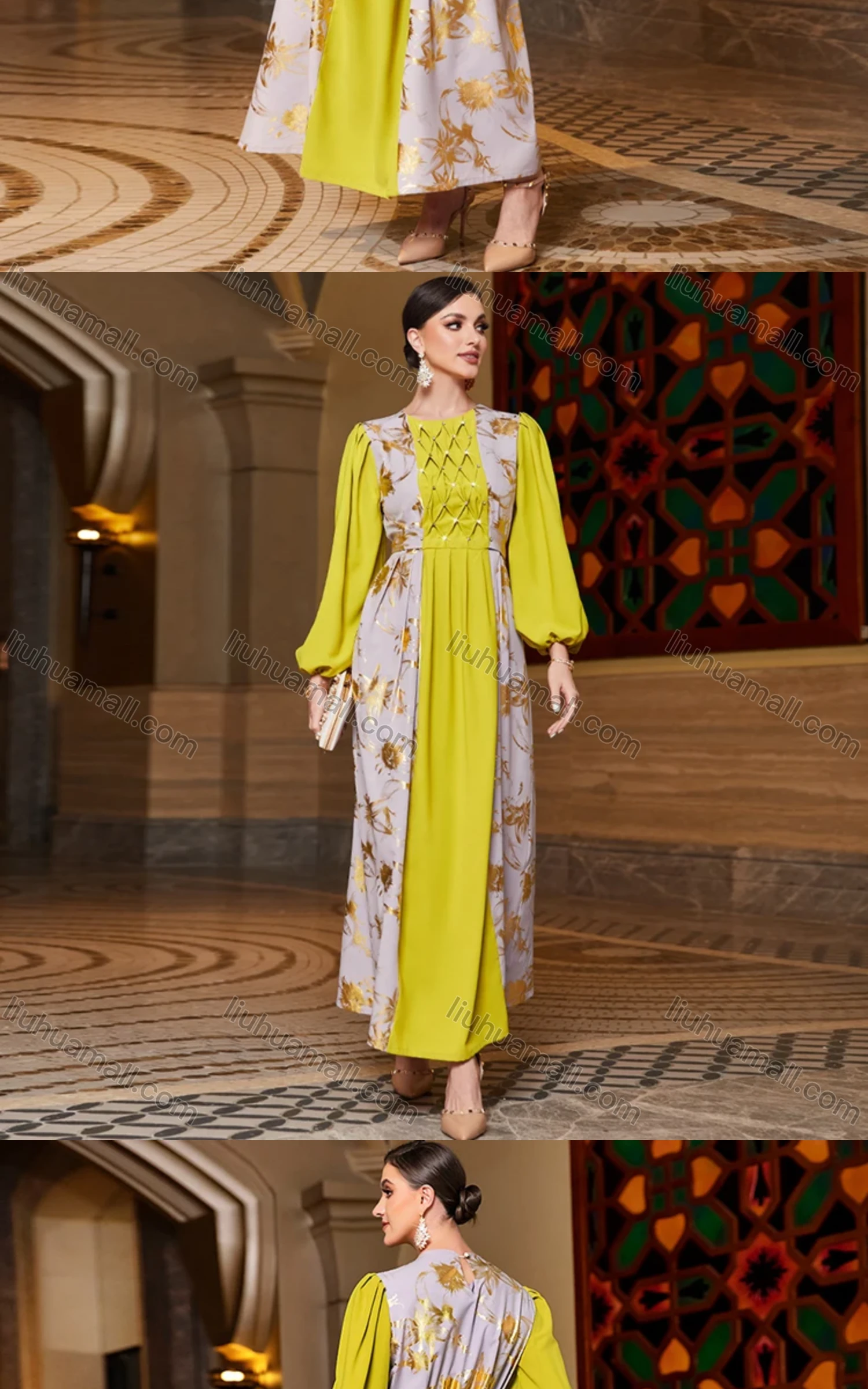 Wholesale Women's Elegant Muslim Islamic Bronzed Print Splicing Ruched Rhinestone Robe Dress BA3154# - Liuhuamall