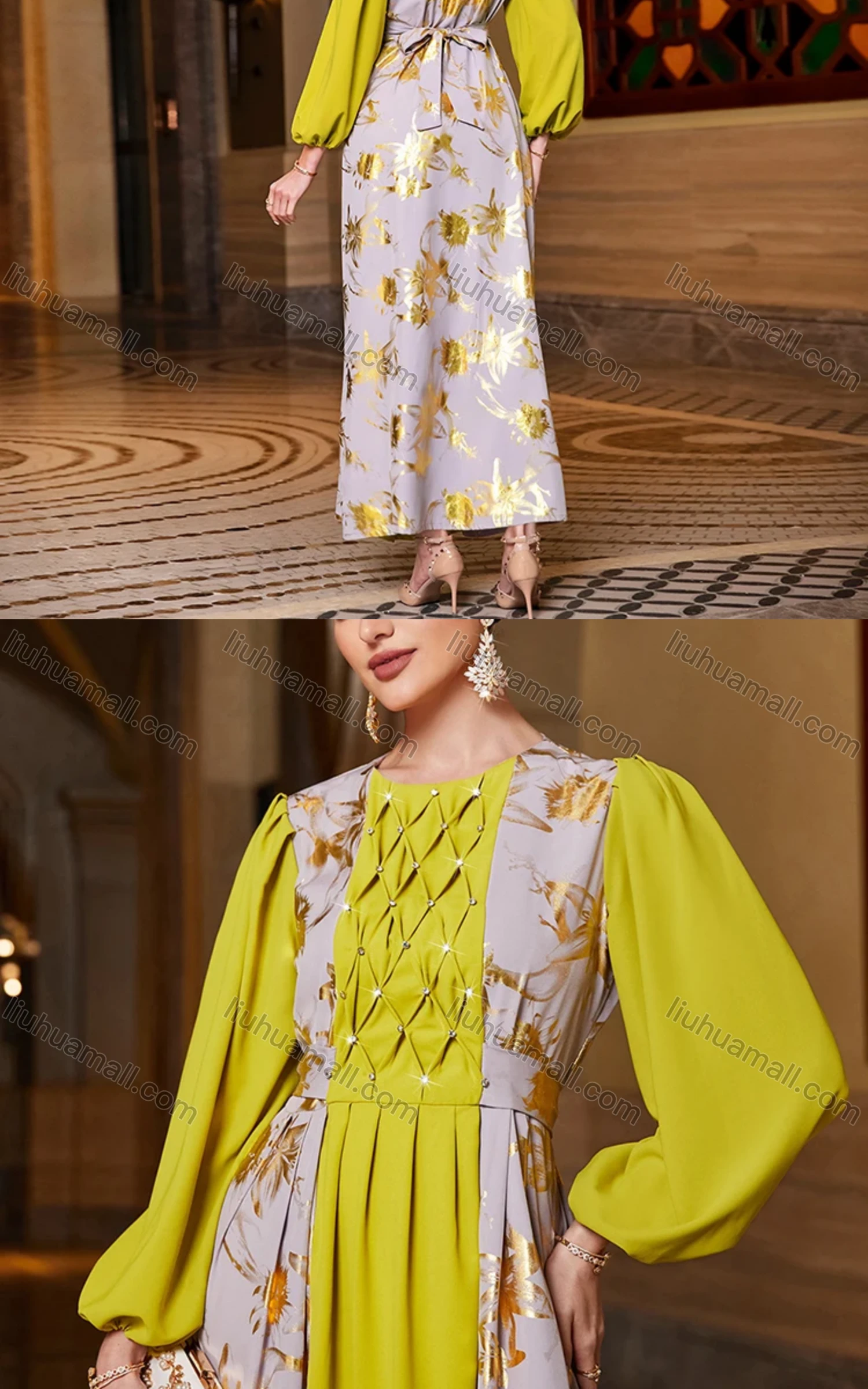 Wholesale Women's Elegant Muslim Islamic Bronzed Print Splicing Ruched Rhinestone Robe Dress BA3154# - Liuhuamall