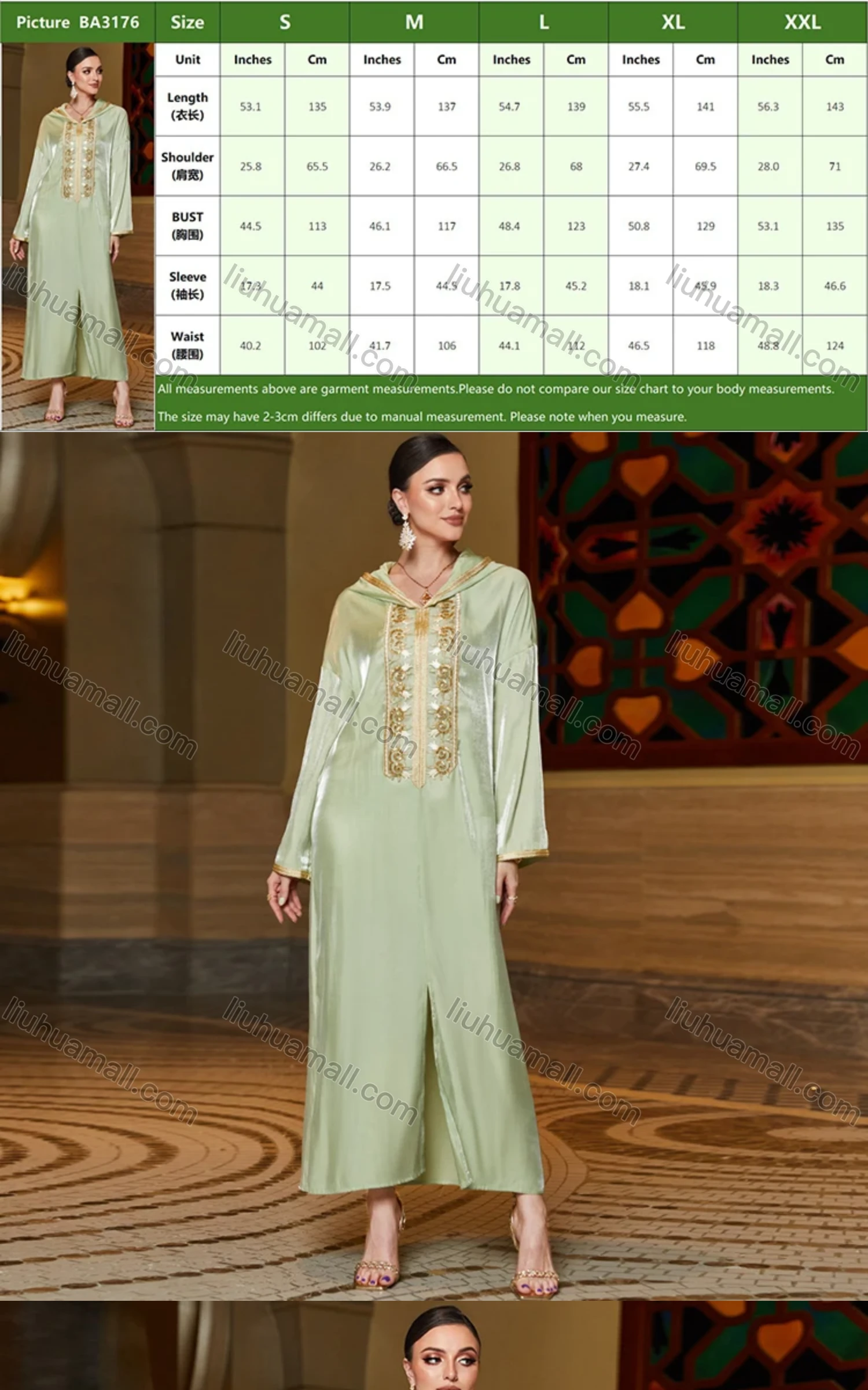 Wholesale Women's Elegant Muslim Islamic Hooded Long Sleeve Embroidered Sequin Split Hem Robe Dress BA3176# - Liuhuamall