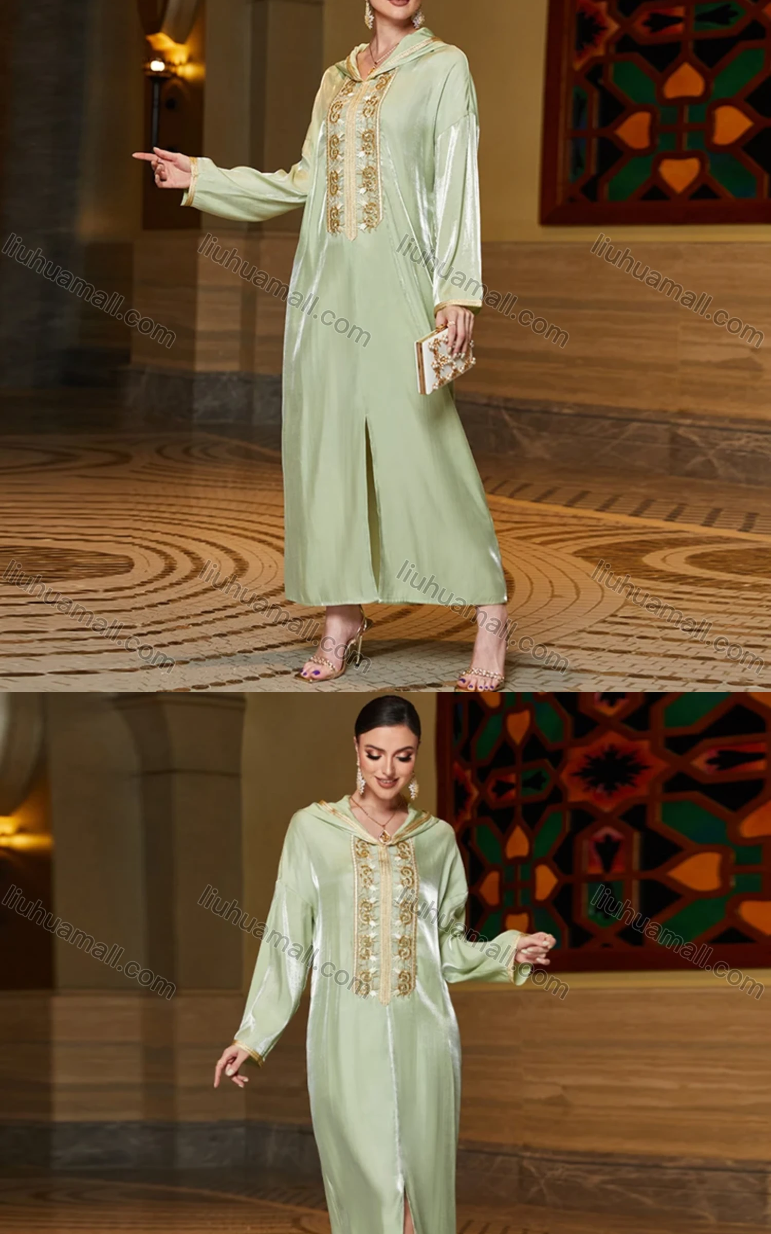 Wholesale Women's Elegant Muslim Islamic Hooded Long Sleeve Embroidered Sequin Split Hem Robe Dress BA3176# - Liuhuamall