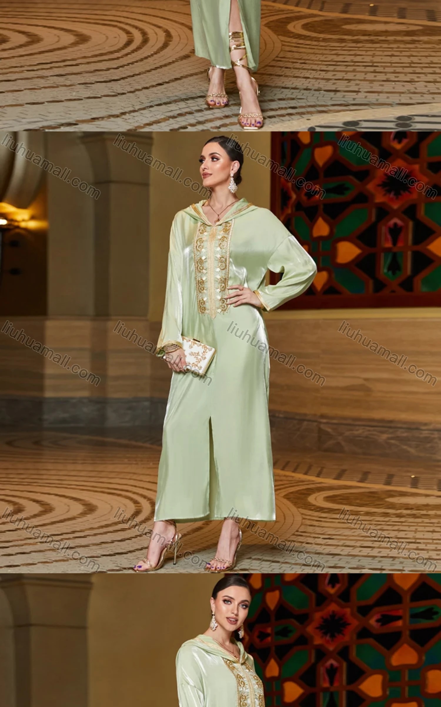 Wholesale Women's Elegant Muslim Islamic Hooded Long Sleeve Embroidered Sequin Split Hem Robe Dress BA3176# - Liuhuamall