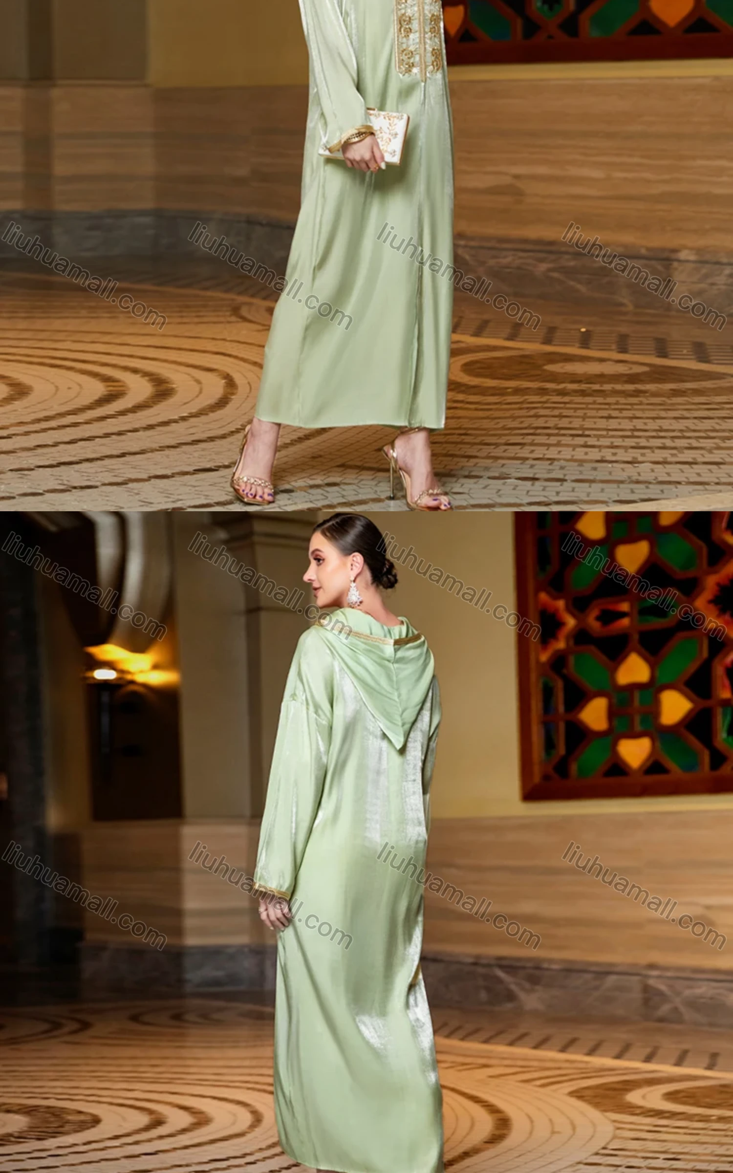 Wholesale Women's Elegant Muslim Islamic Hooded Long Sleeve Embroidered Sequin Split Hem Robe Dress BA3176# - Liuhuamall