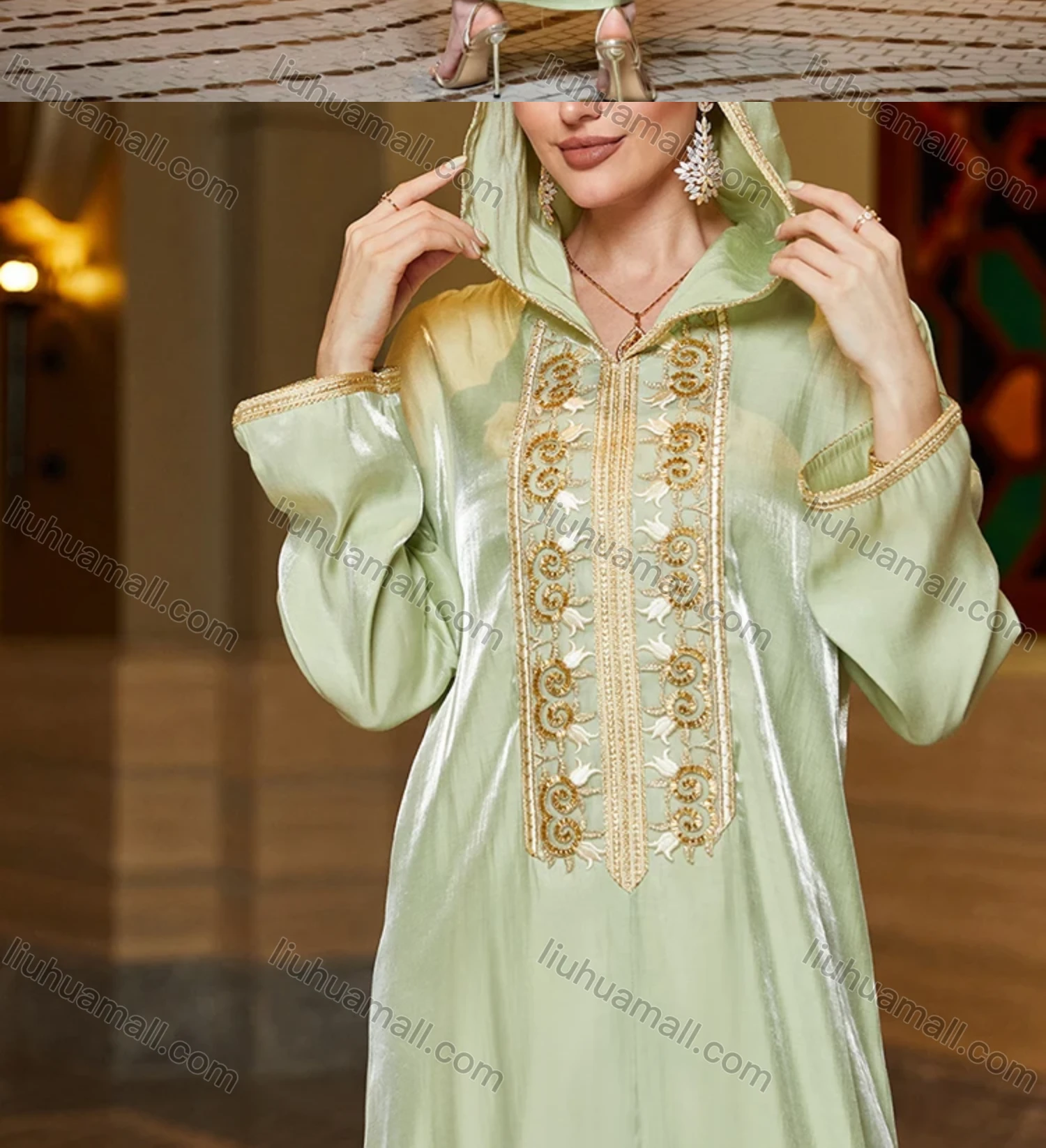 Wholesale Women's Elegant Muslim Islamic Hooded Long Sleeve Embroidered Sequin Split Hem Robe Dress BA3176# - Liuhuamall