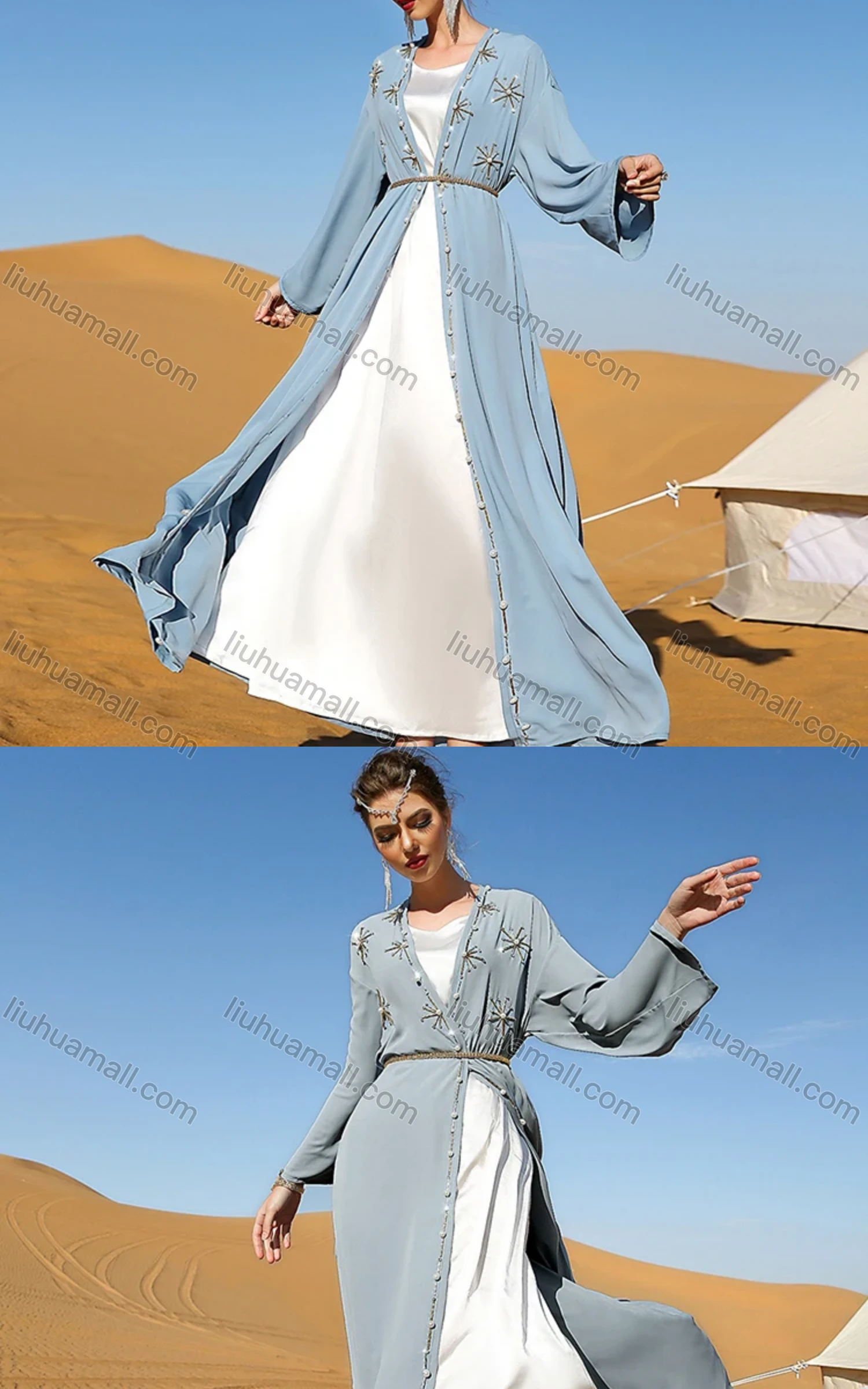 Wholesale Women's Elegant Muslim Islamic Plain Pearl Decor Rhinestone Robe Cardigan BA7016# - Liuhuamall