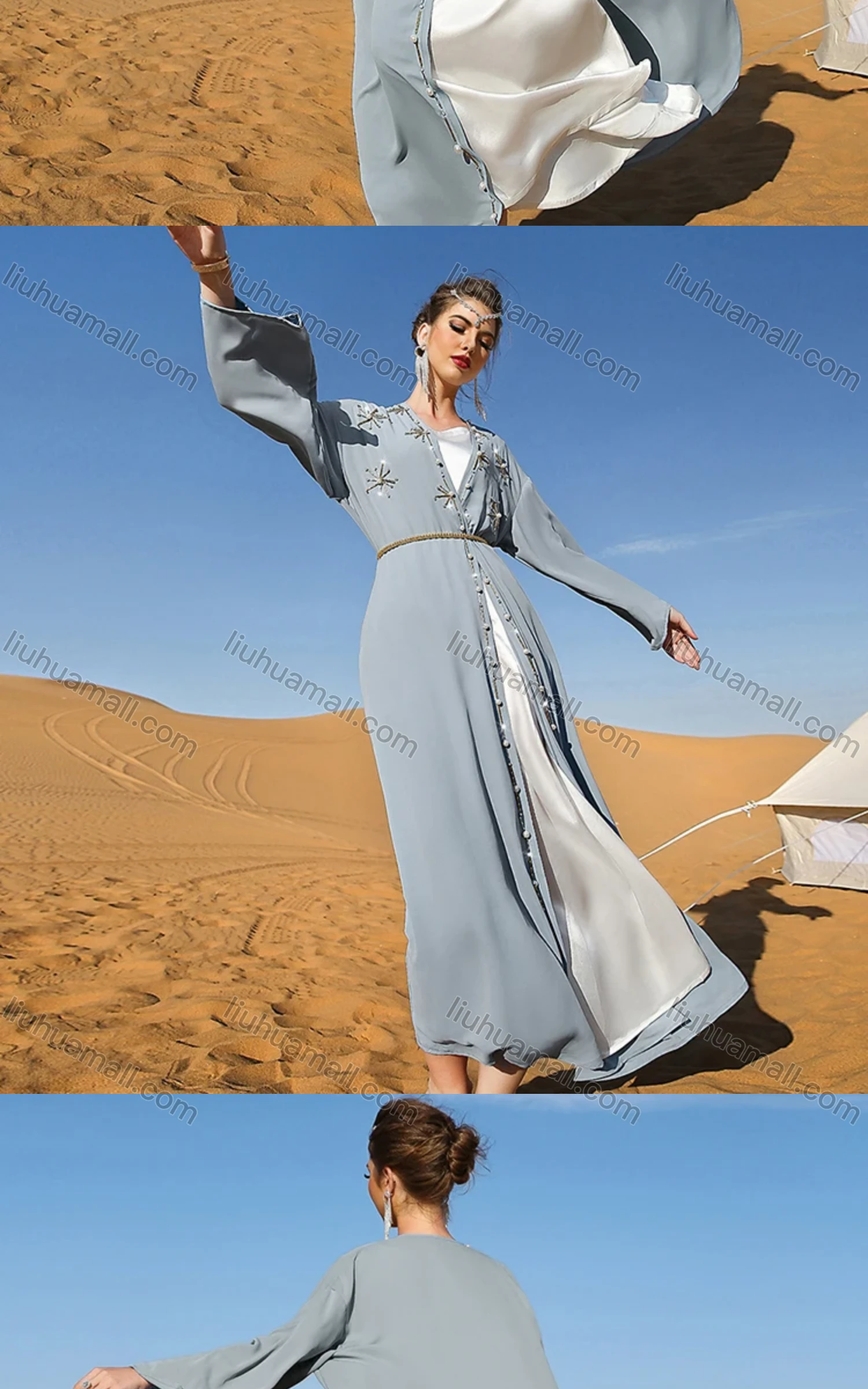 Wholesale Women's Elegant Muslim Islamic Plain Pearl Decor Rhinestone Robe Cardigan BA7016# - Liuhuamall