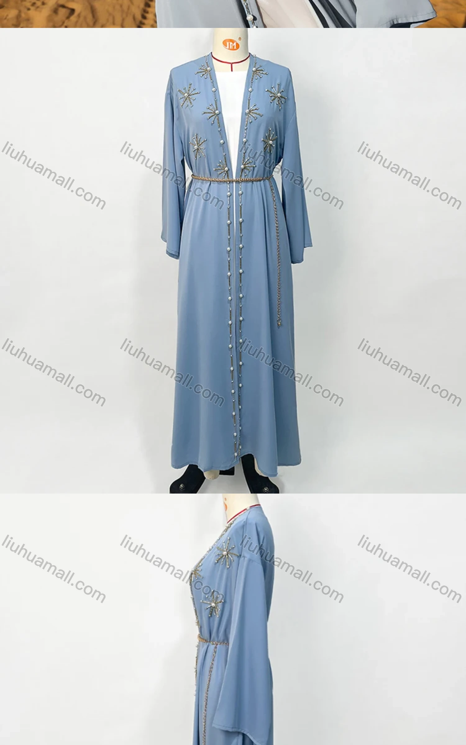 Wholesale Women's Elegant Muslim Islamic Plain Pearl Decor Rhinestone Robe Cardigan BA7016# - Liuhuamall