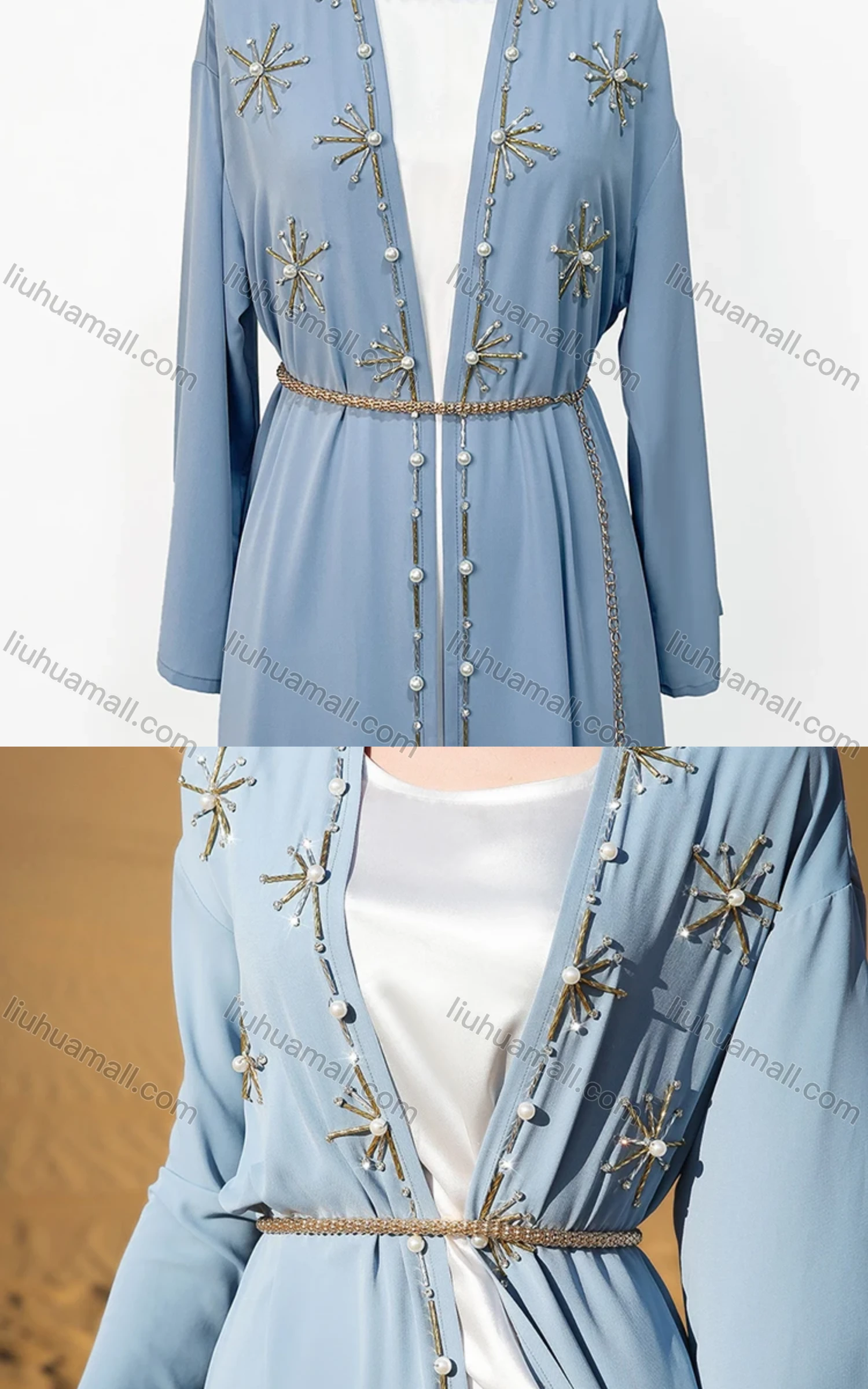 Wholesale Women's Elegant Muslim Islamic Plain Pearl Decor Rhinestone Robe Cardigan BA7016# - Liuhuamall