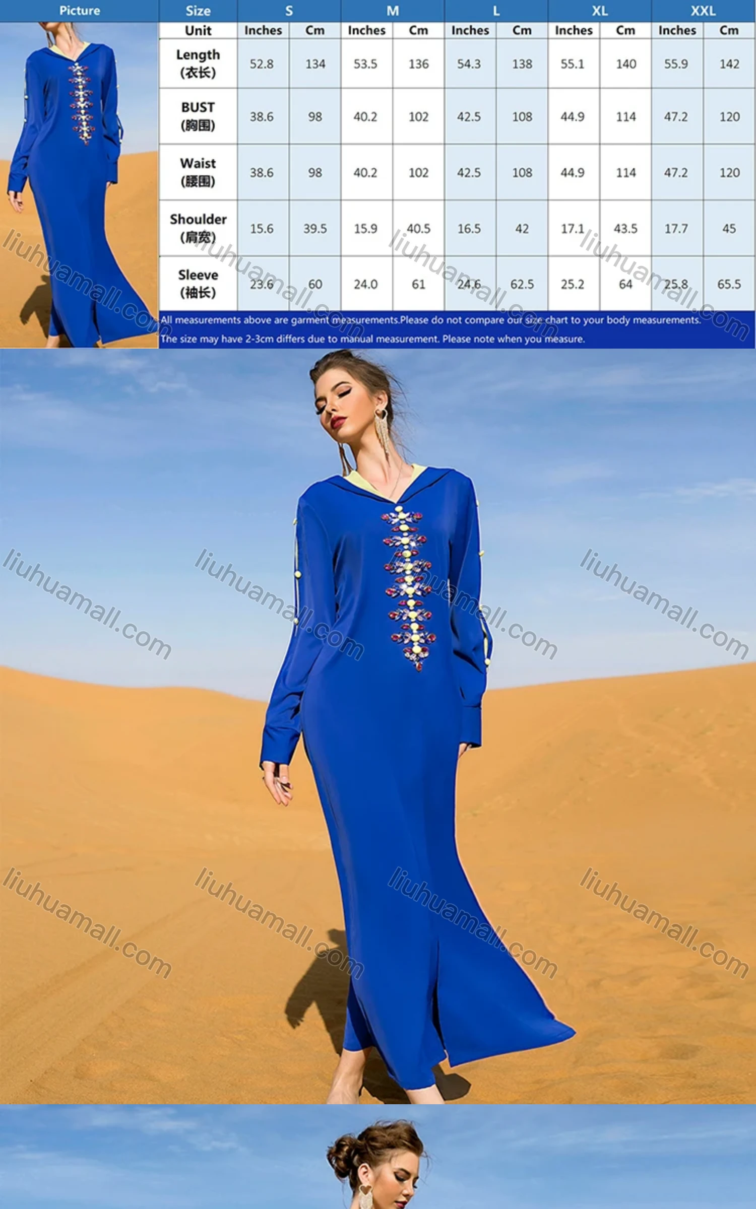 Wholesale Women's Muslim Islamic Plain Split Hem Hooded Button Hollow Out Rhinestone Robe Dress BA7024# - Liuhuamall