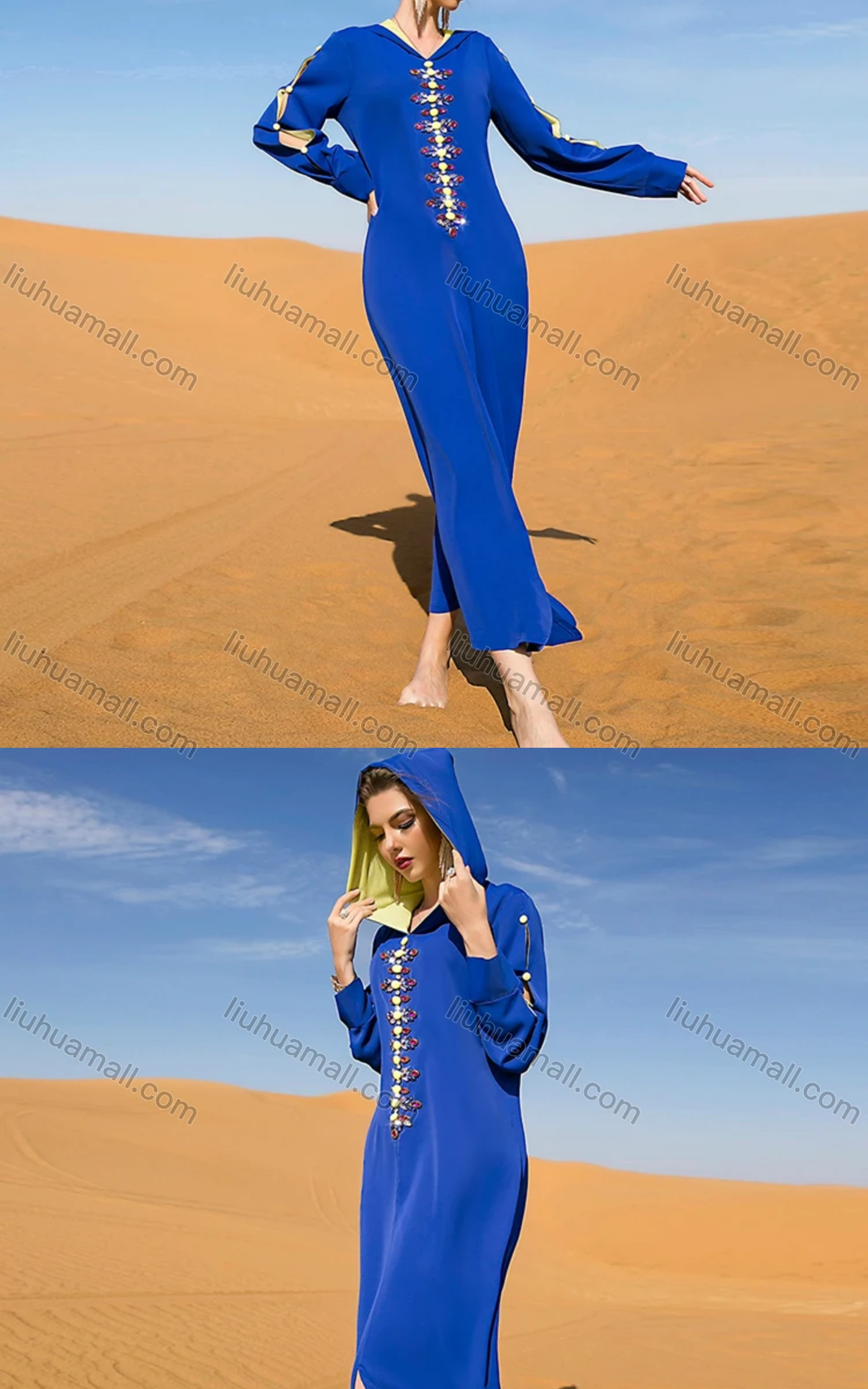 Wholesale Women's Muslim Islamic Plain Split Hem Hooded Button Hollow Out Rhinestone Robe Dress BA7024# - Liuhuamall