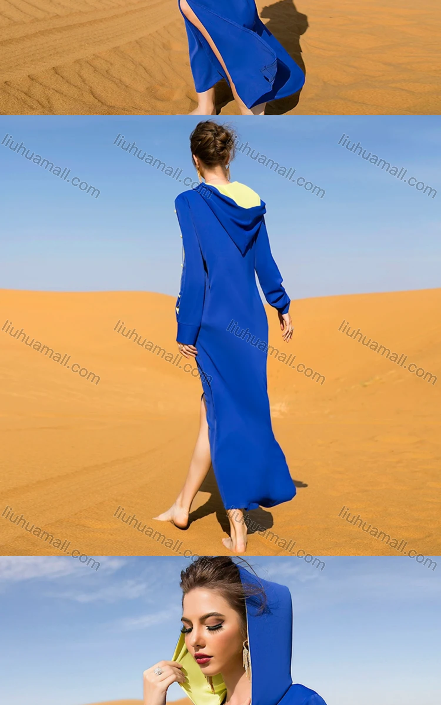 Wholesale Women's Muslim Islamic Plain Split Hem Hooded Button Hollow Out Rhinestone Robe Dress BA7024# - Liuhuamall