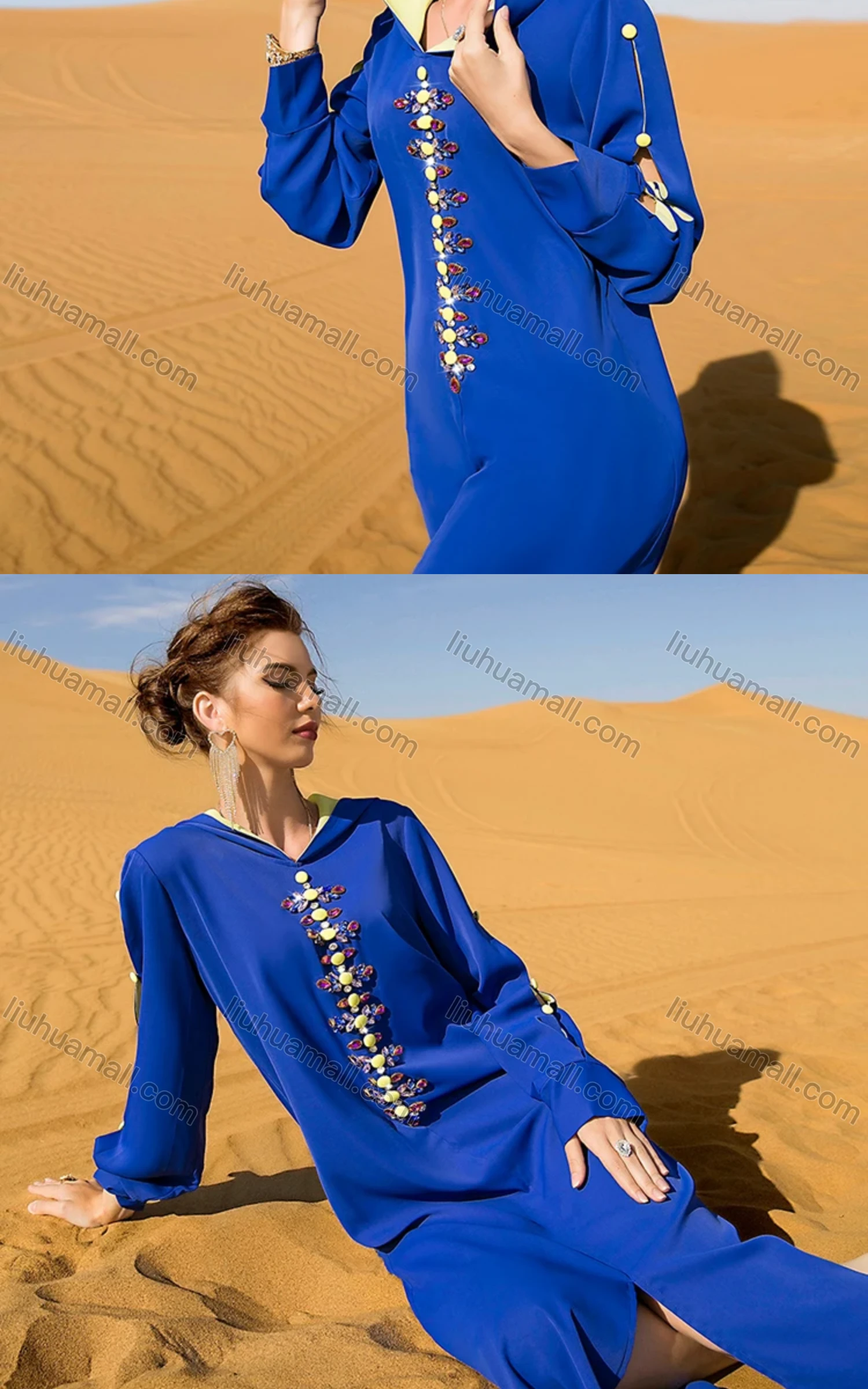 Wholesale Women's Muslim Islamic Plain Split Hem Hooded Button Hollow Out Rhinestone Robe Dress BA7024# - Liuhuamall