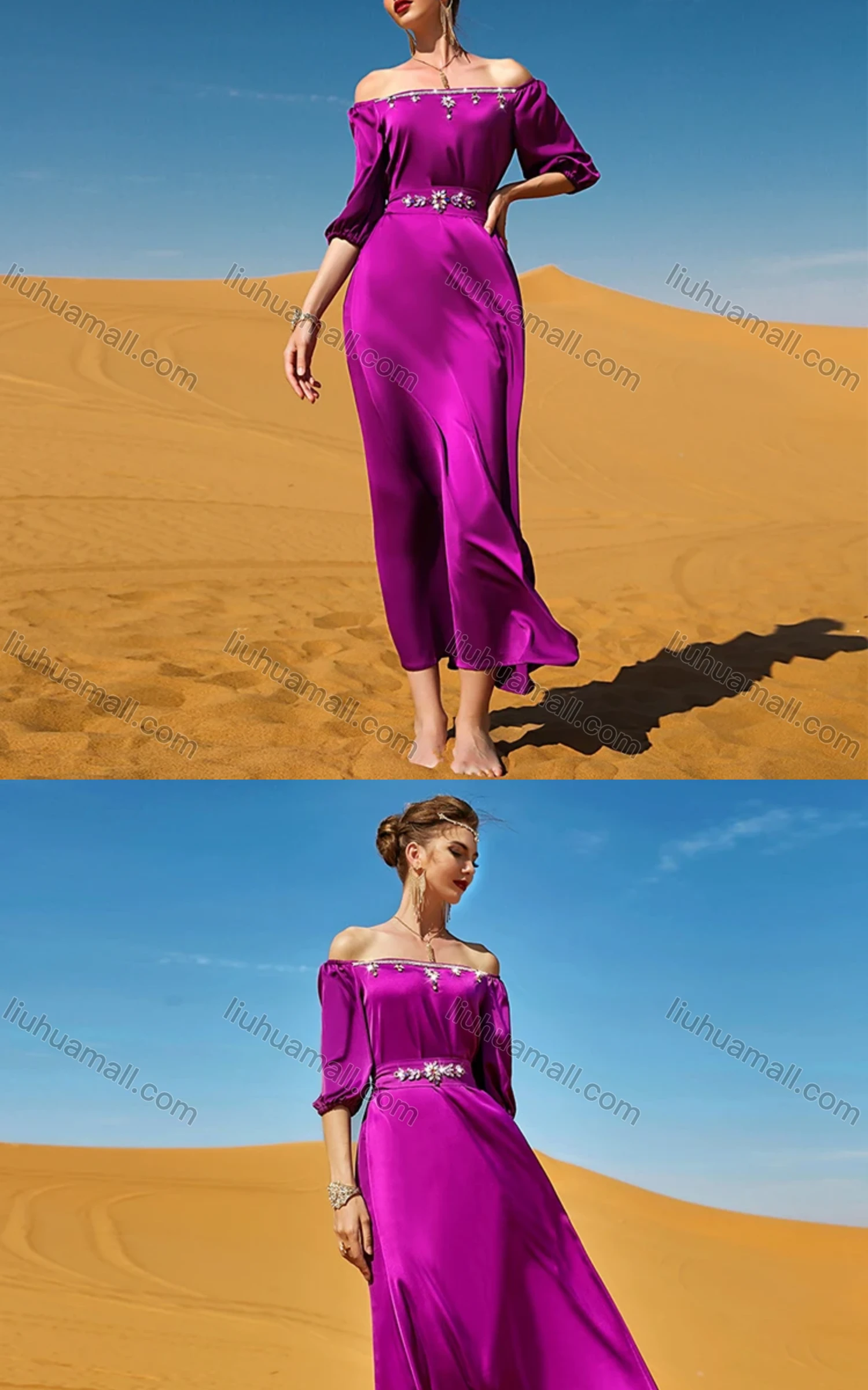 Wholesale Women's Muslim Islamic Plain Sweetheart Neck Rhinestone Tie Back Robe Dress BA7032# - Liuhuamall