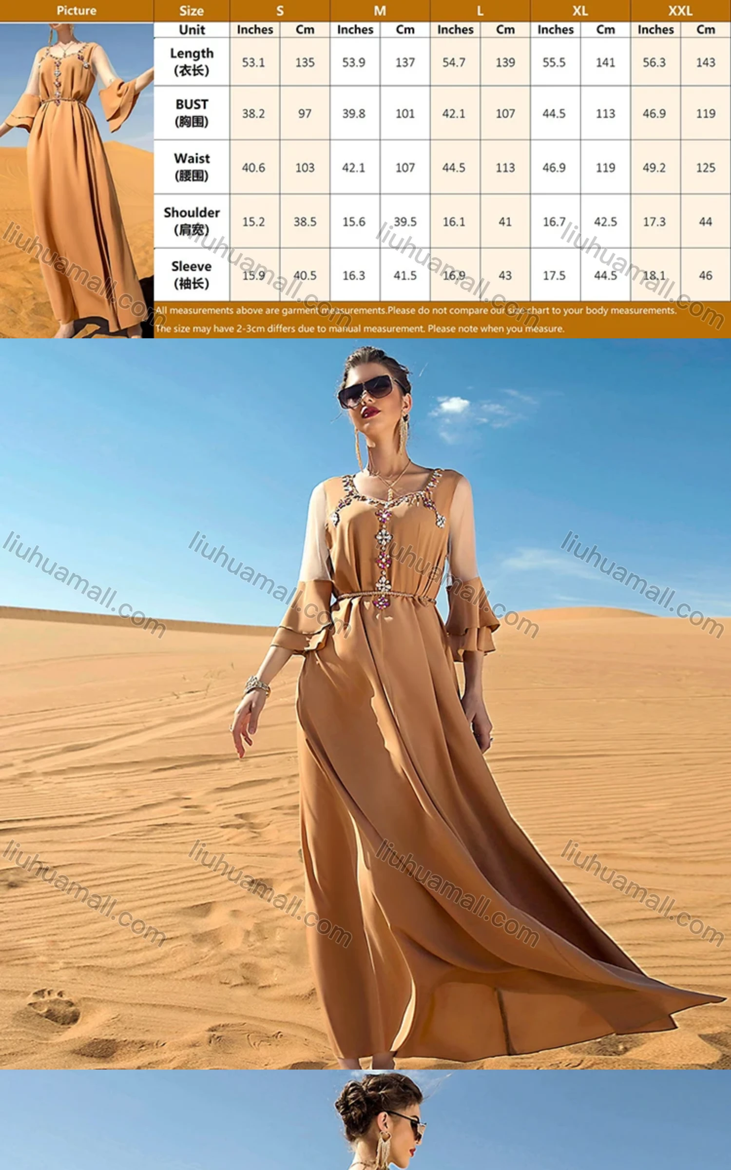 Wholesale Women's Muslim Islamic Sweetheart Neck Lace Sleeve Rhinestone Dress BA7034# - Liuhuamall