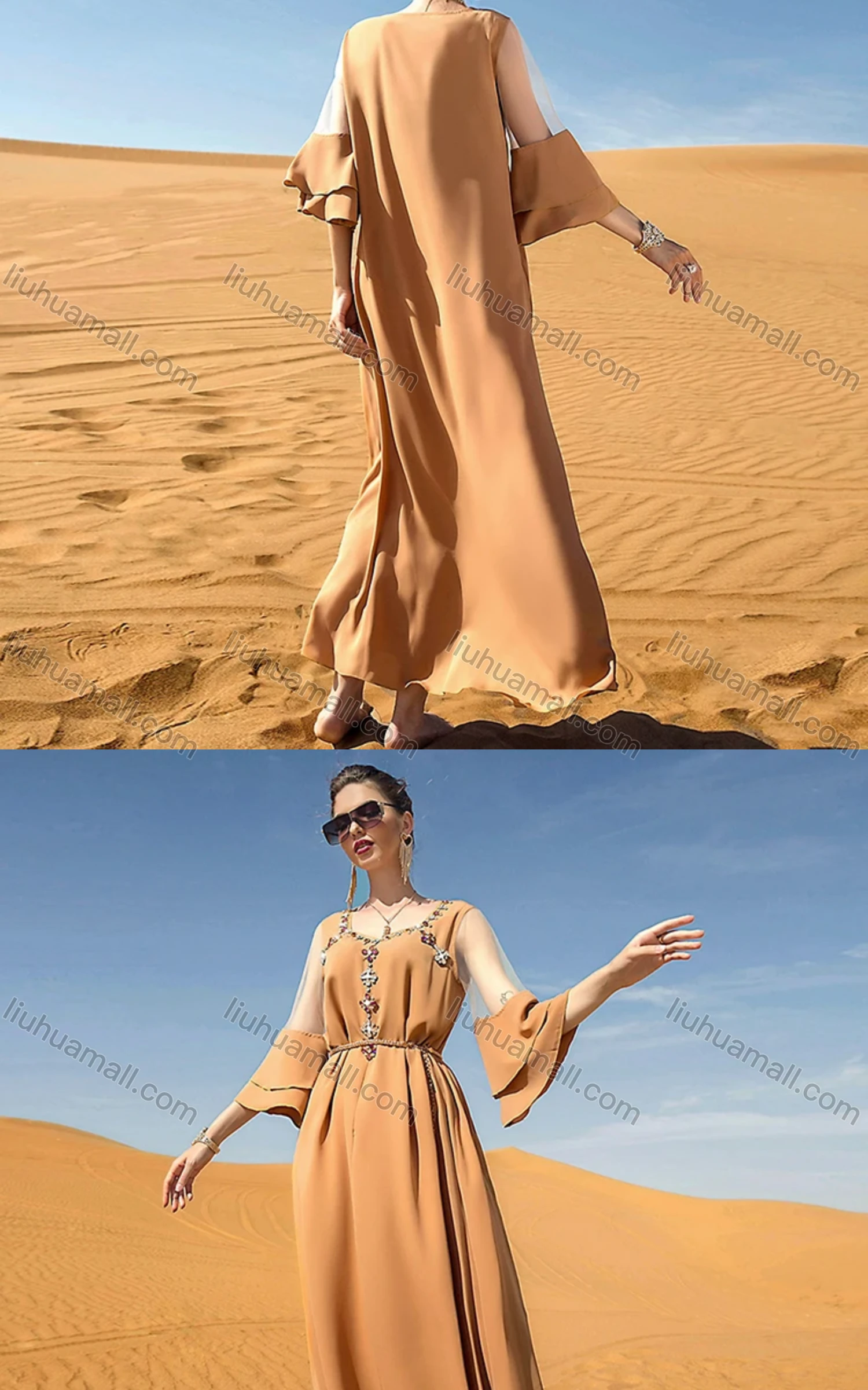 Wholesale Women's Muslim Islamic Sweetheart Neck Lace Sleeve Rhinestone Dress BA7034# - Liuhuamall