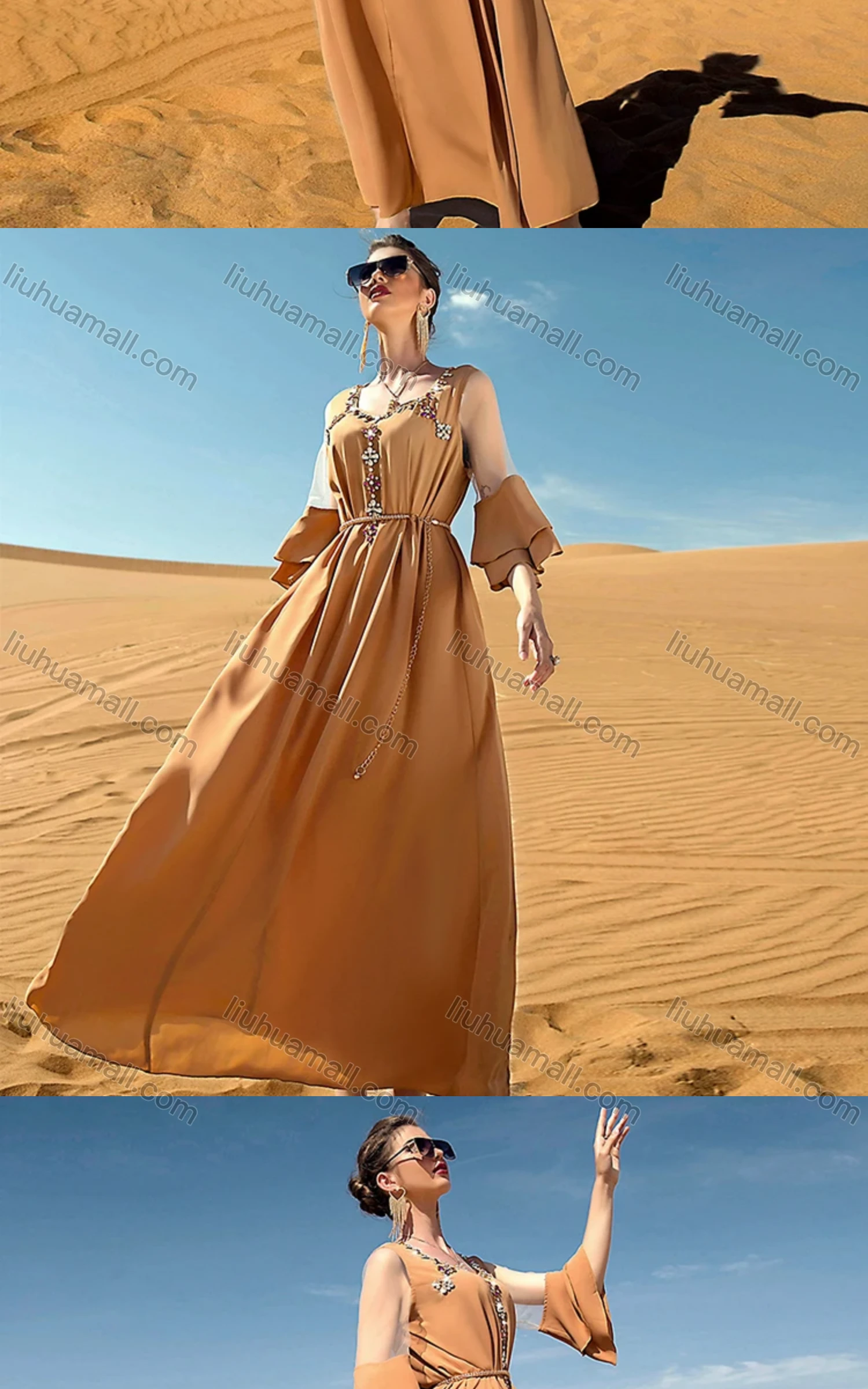 Wholesale Women's Muslim Islamic Sweetheart Neck Lace Sleeve Rhinestone Dress BA7034# - Liuhuamall