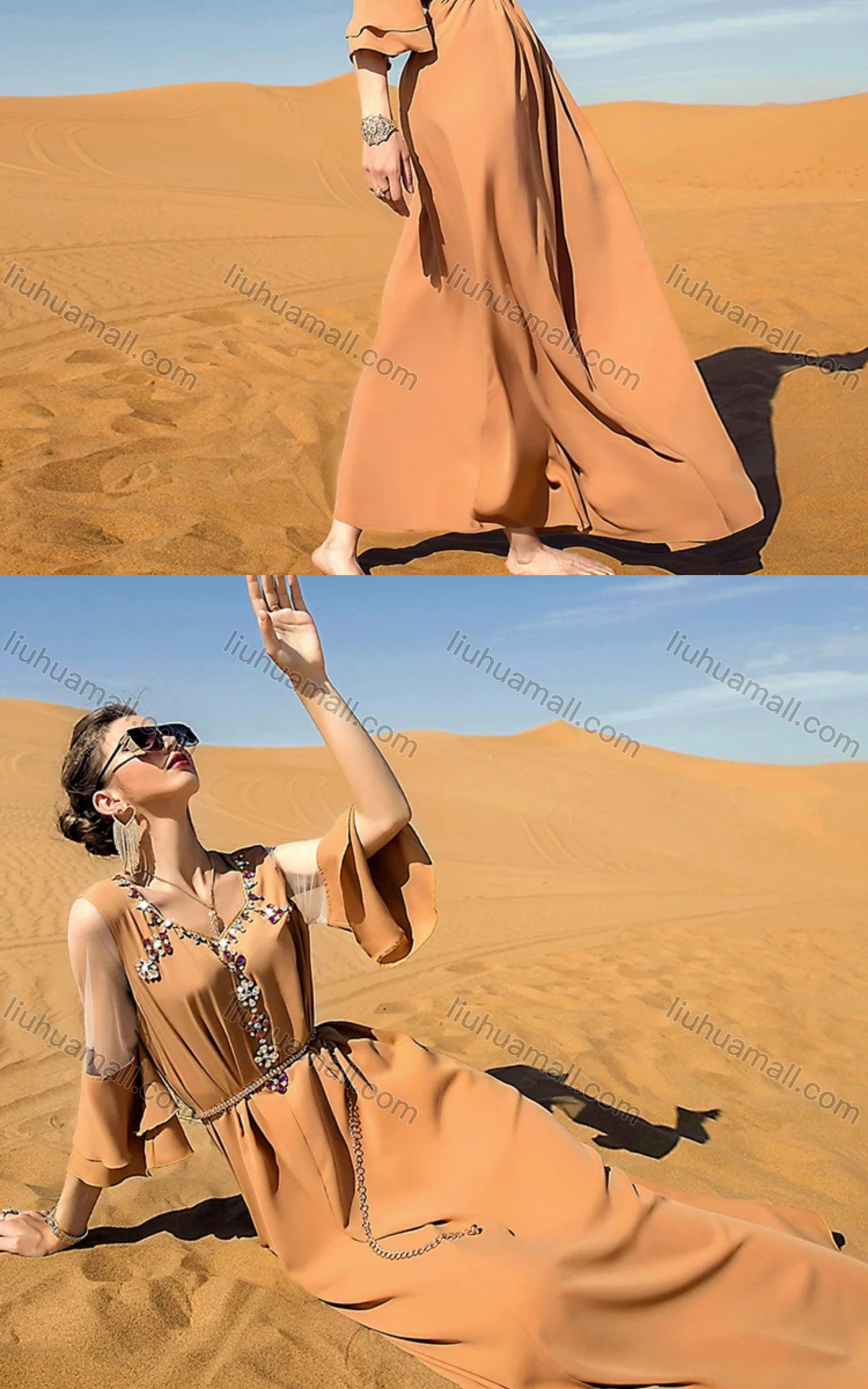 Wholesale Women's Muslim Islamic Sweetheart Neck Lace Sleeve Rhinestone Dress BA7034# - Liuhuamall