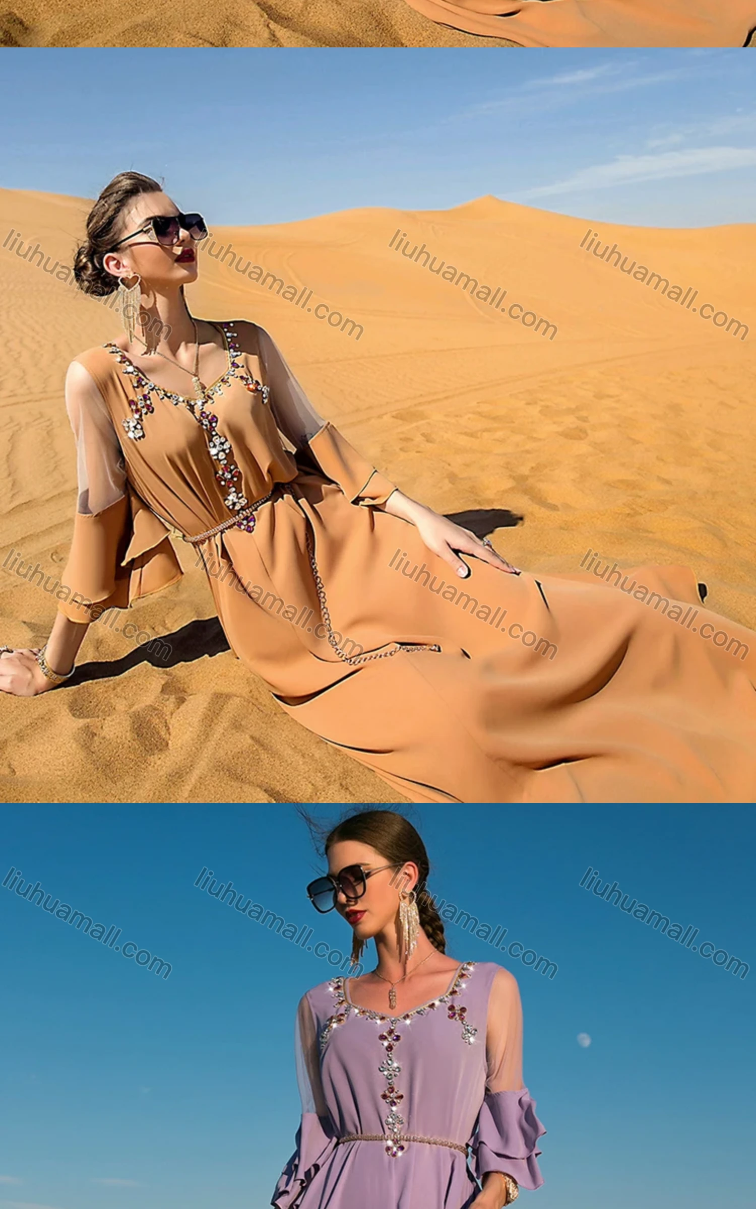 Wholesale Women's Muslim Islamic Sweetheart Neck Lace Sleeve Rhinestone Dress BA7034# - Liuhuamall