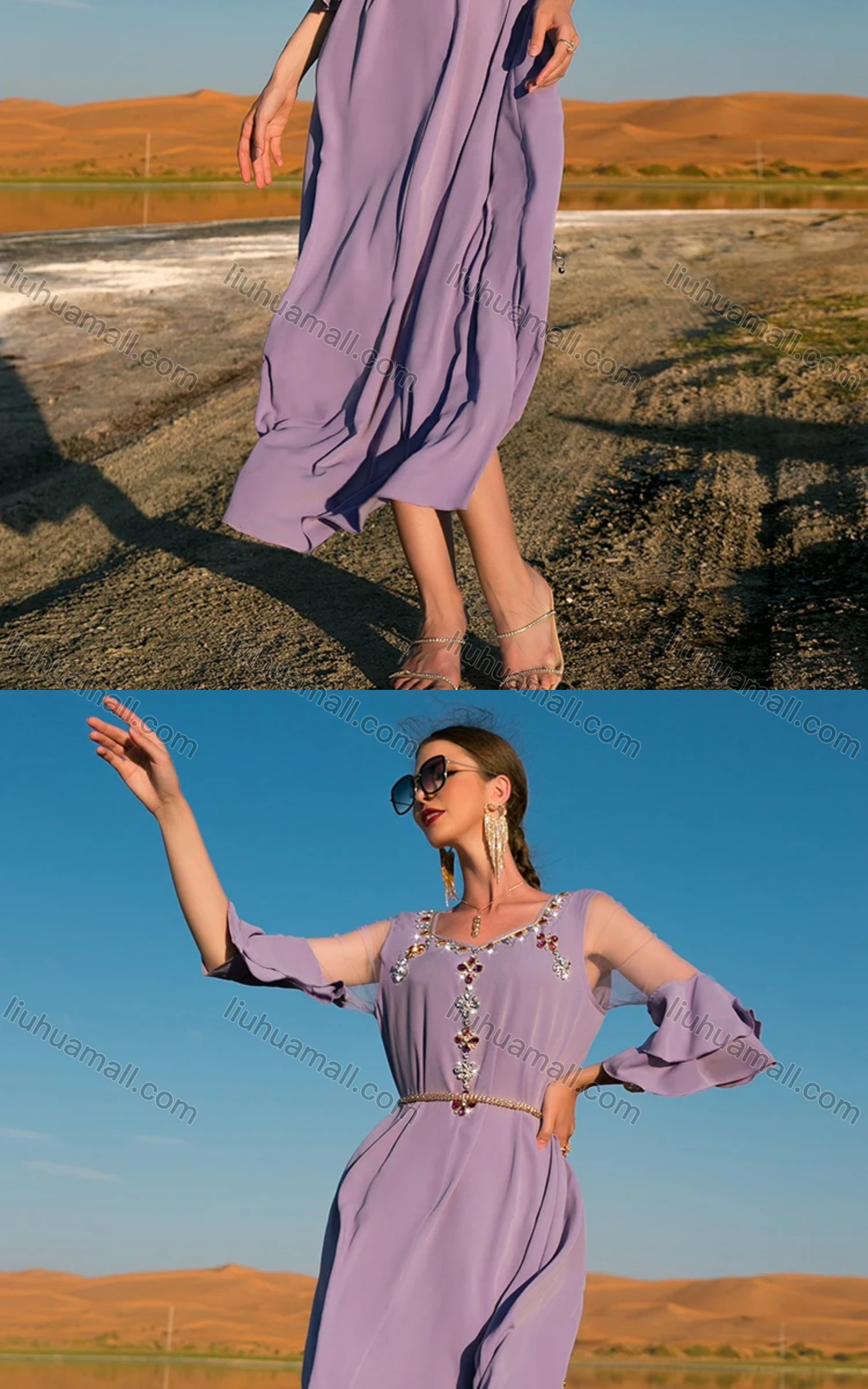 Wholesale Women's Muslim Islamic Sweetheart Neck Lace Sleeve Rhinestone Dress BA7034# - Liuhuamall