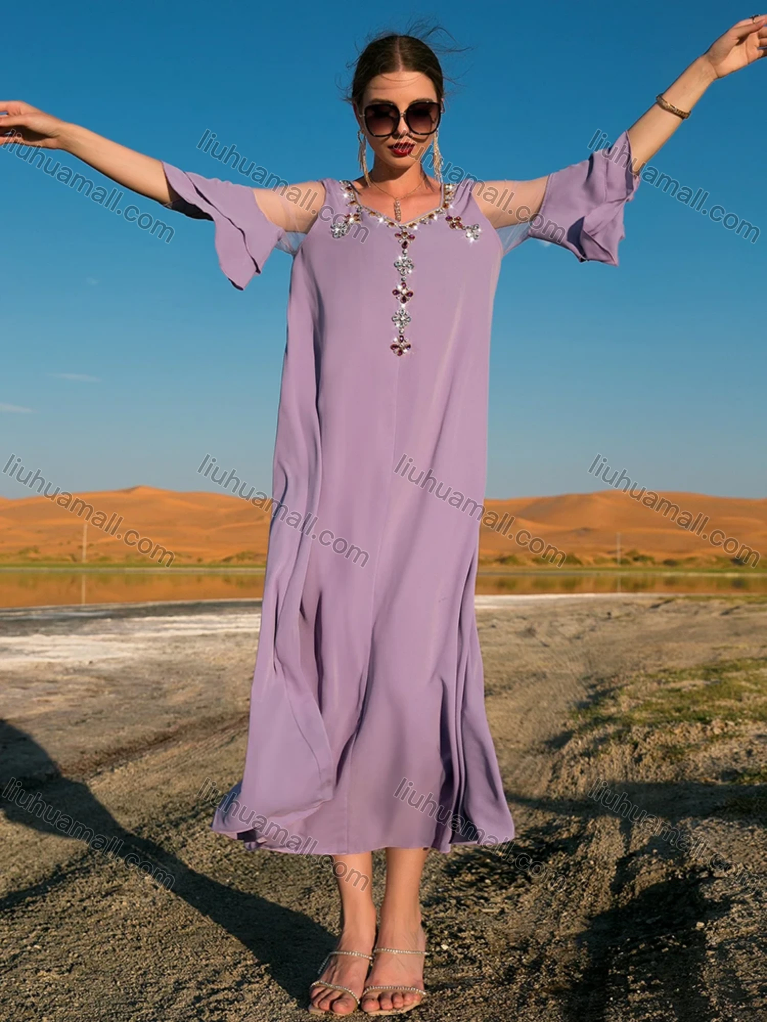 Wholesale Women's Muslim Islamic Sweetheart Neck Lace Sleeve Rhinestone Dress BA7034# - Liuhuamall