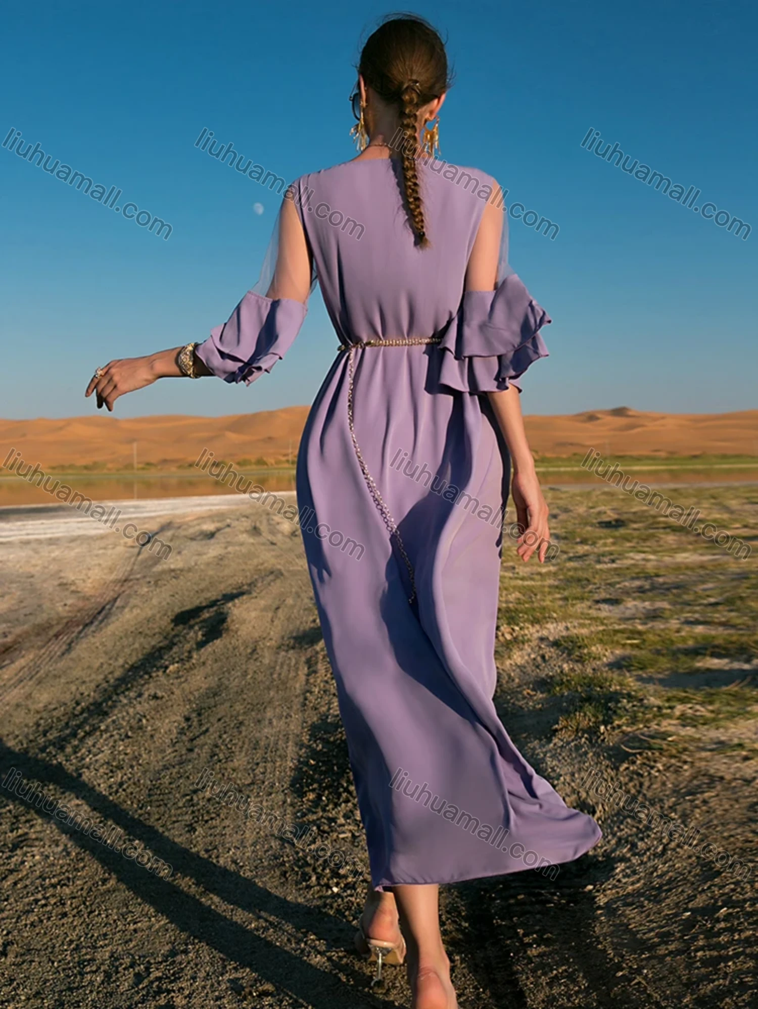 Wholesale Women's Muslim Islamic Sweetheart Neck Lace Sleeve Rhinestone Dress BA7034# - Liuhuamall