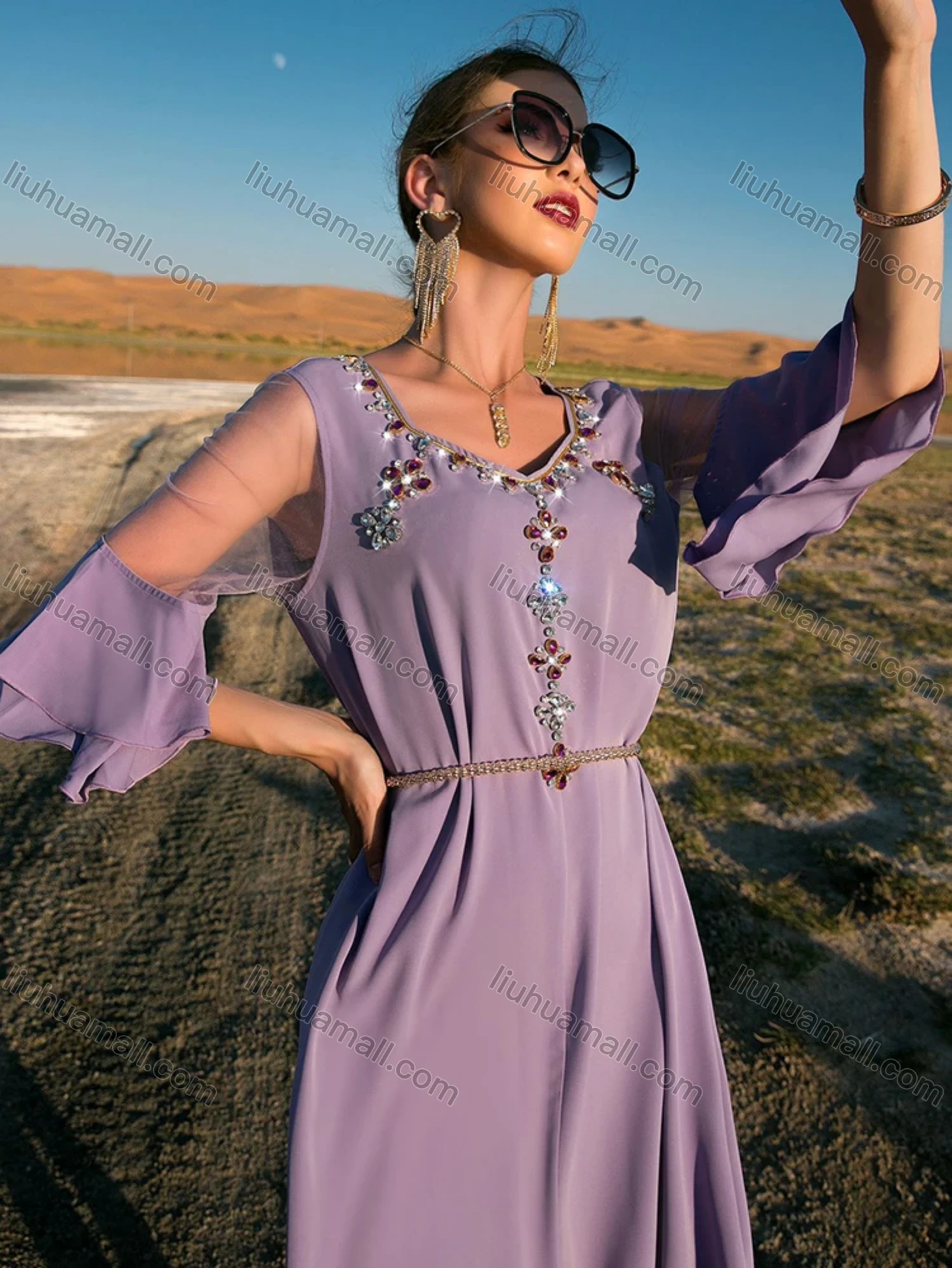 Wholesale Women's Muslim Islamic Sweetheart Neck Lace Sleeve Rhinestone Dress BA7034# - Liuhuamall