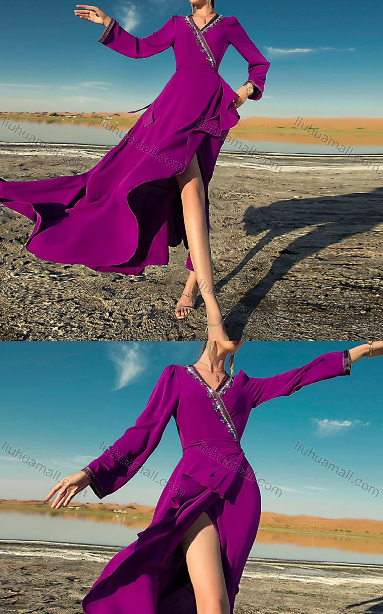 Wholesale Women's Muslim Islamic V Neck Wrap Ruffle Trim Rhinestone Dress BA7069# - Liuhuamall