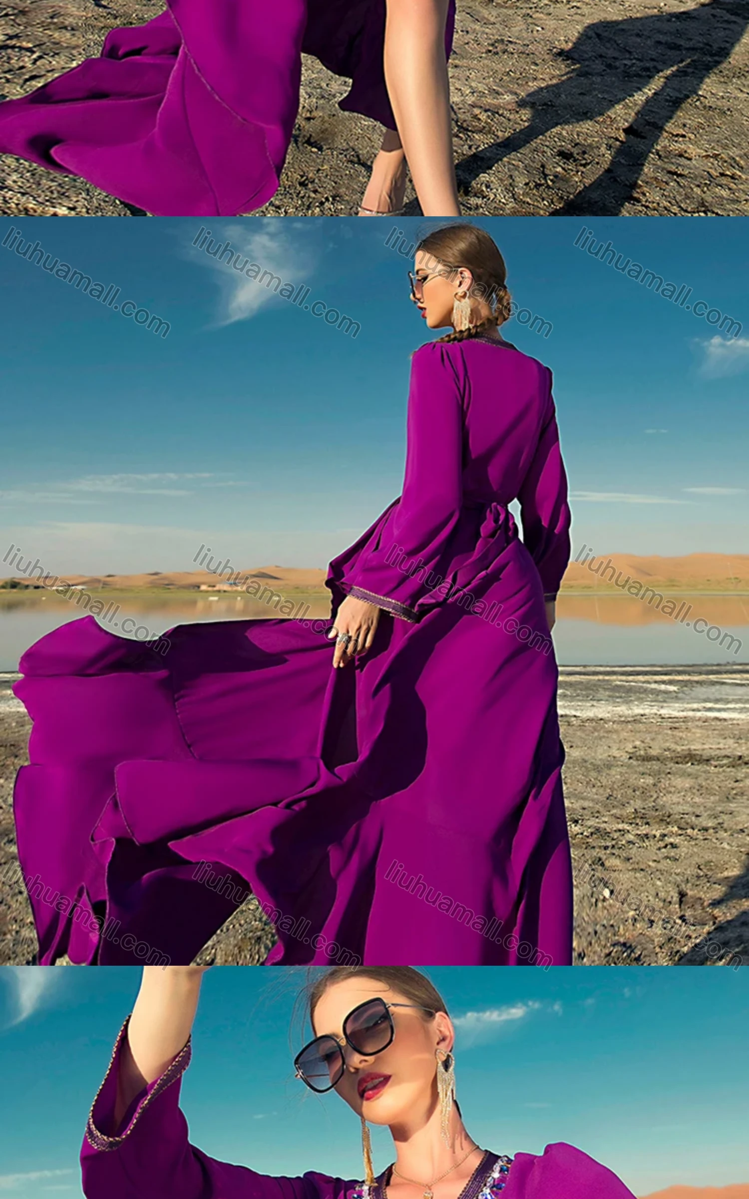 Wholesale Women's Muslim Islamic V Neck Wrap Ruffle Trim Rhinestone Dress BA7069# - Liuhuamall