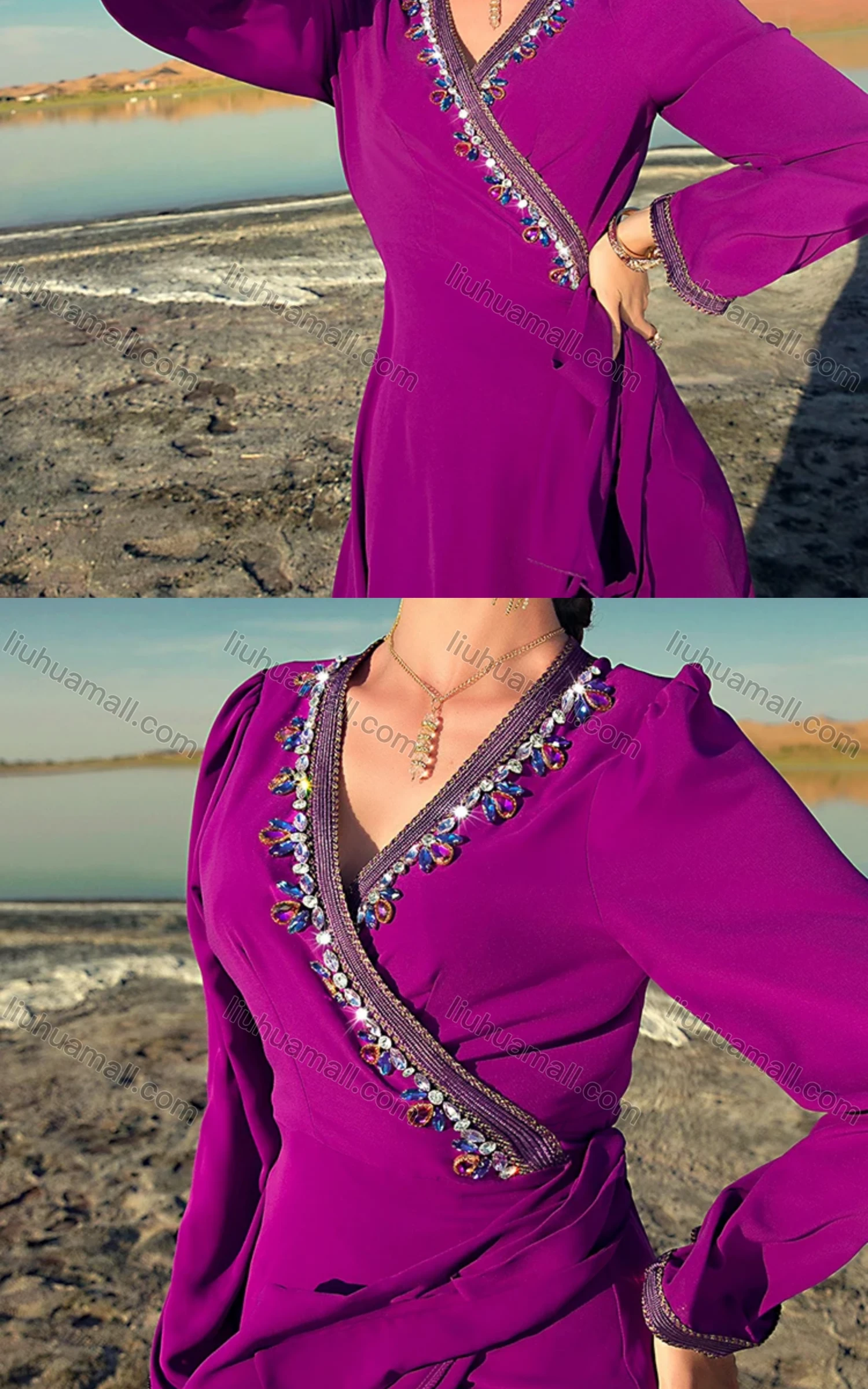 Wholesale Women's Muslim Islamic V Neck Wrap Ruffle Trim Rhinestone Dress BA7069# - Liuhuamall