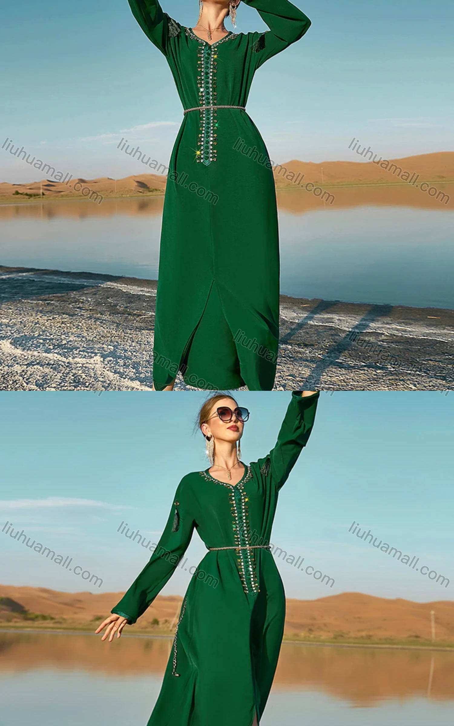 Wholesale Women's Arabic Dubai Muslim Islamic Embroidery Tassel Rhinestone Abaya Dress BA7073# - Liuhuamall