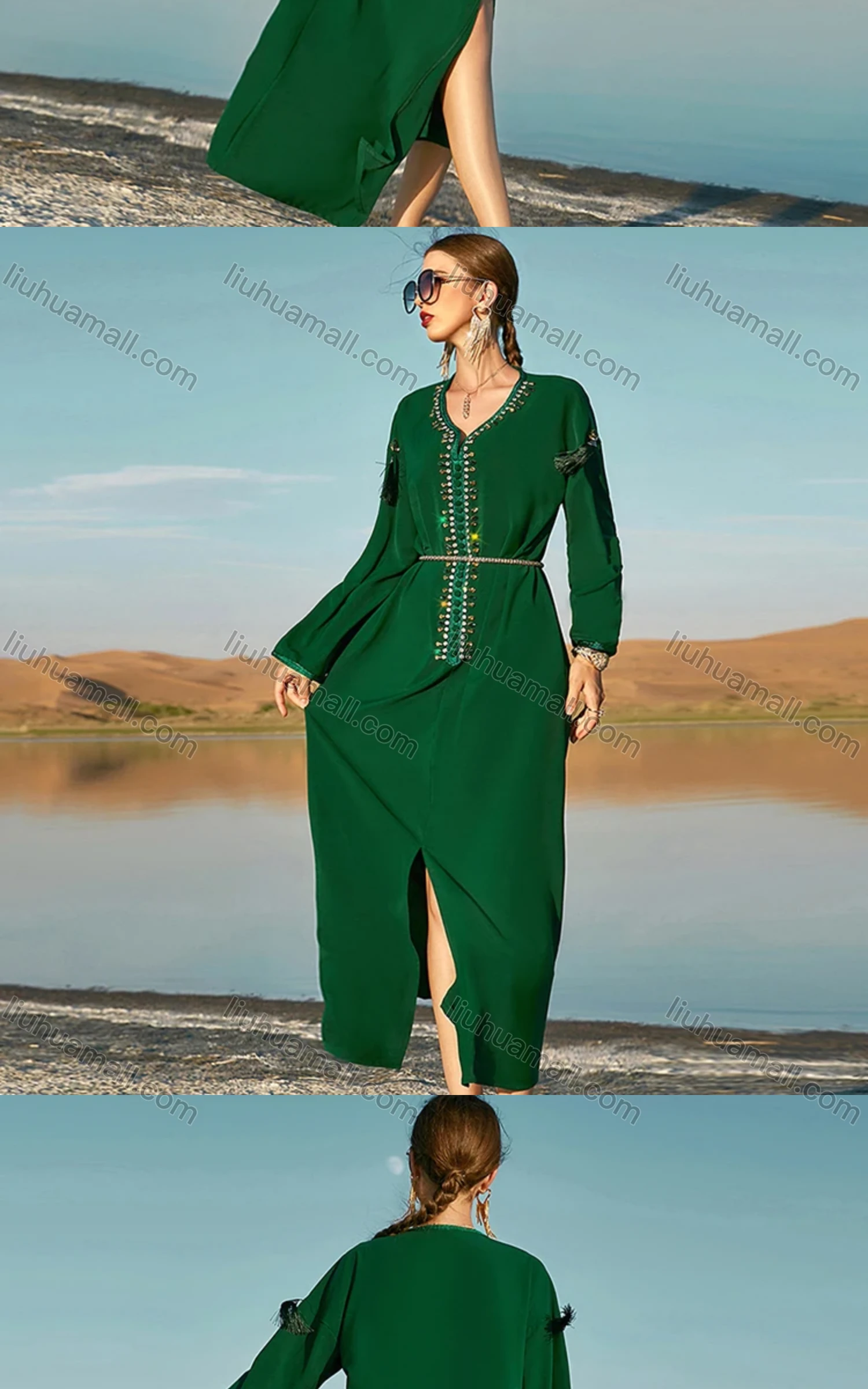 Wholesale Women's Arabic Dubai Muslim Islamic Embroidery Tassel Rhinestone Abaya Dress BA7073# - Liuhuamall