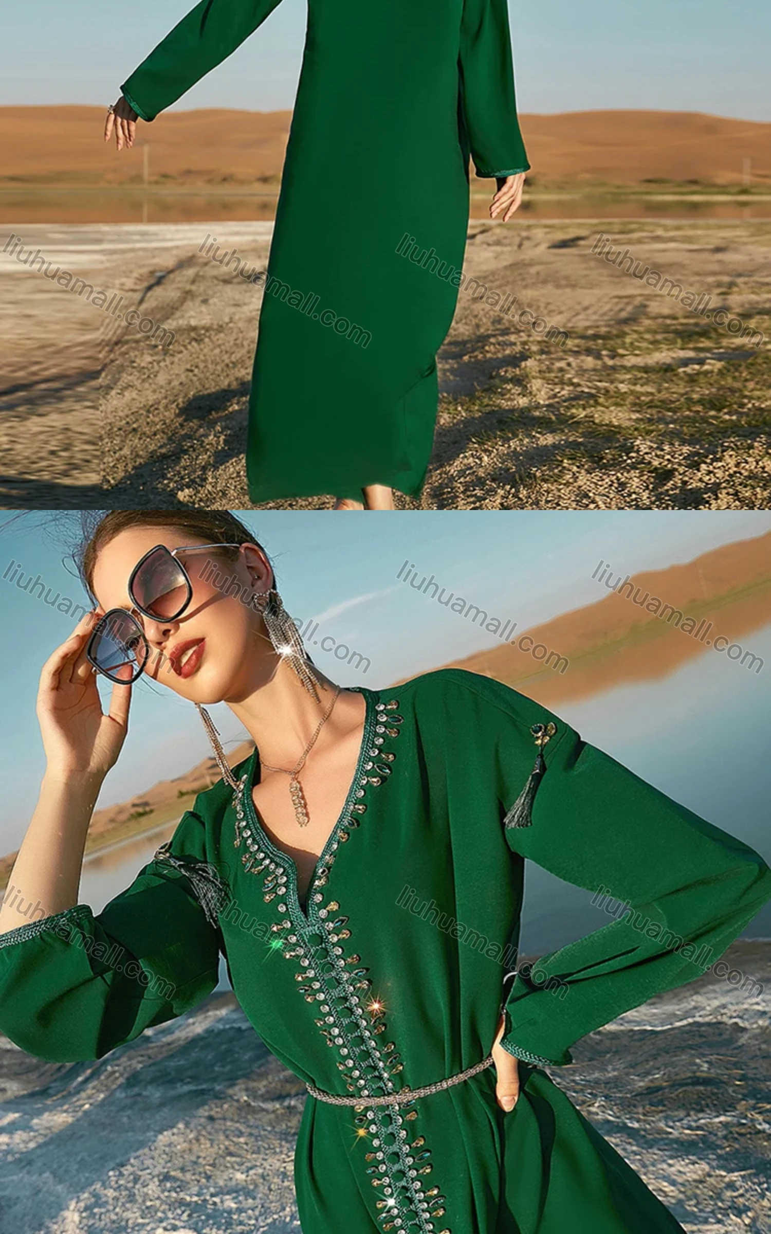 Wholesale Women's Arabic Dubai Muslim Islamic Embroidery Tassel Rhinestone Abaya Dress BA7073# - Liuhuamall