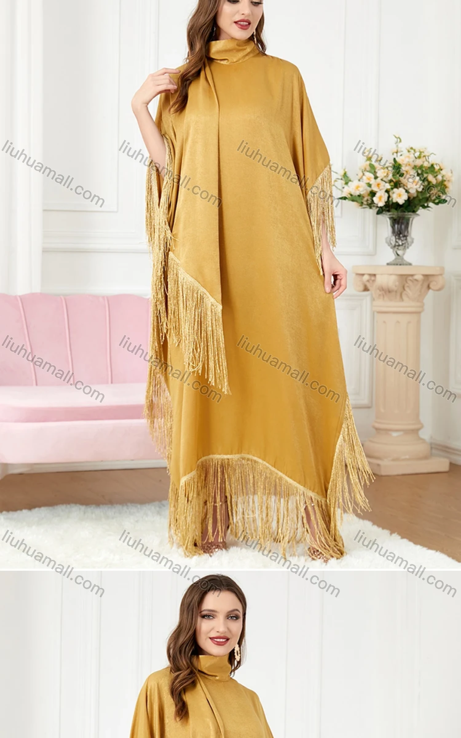 Wholesale Women's Arabic Dubai Muslim Islamic Satin Bat Sleeve Tassel Kaftan Dress With Scarf BNSQ1# - Liuhuamall