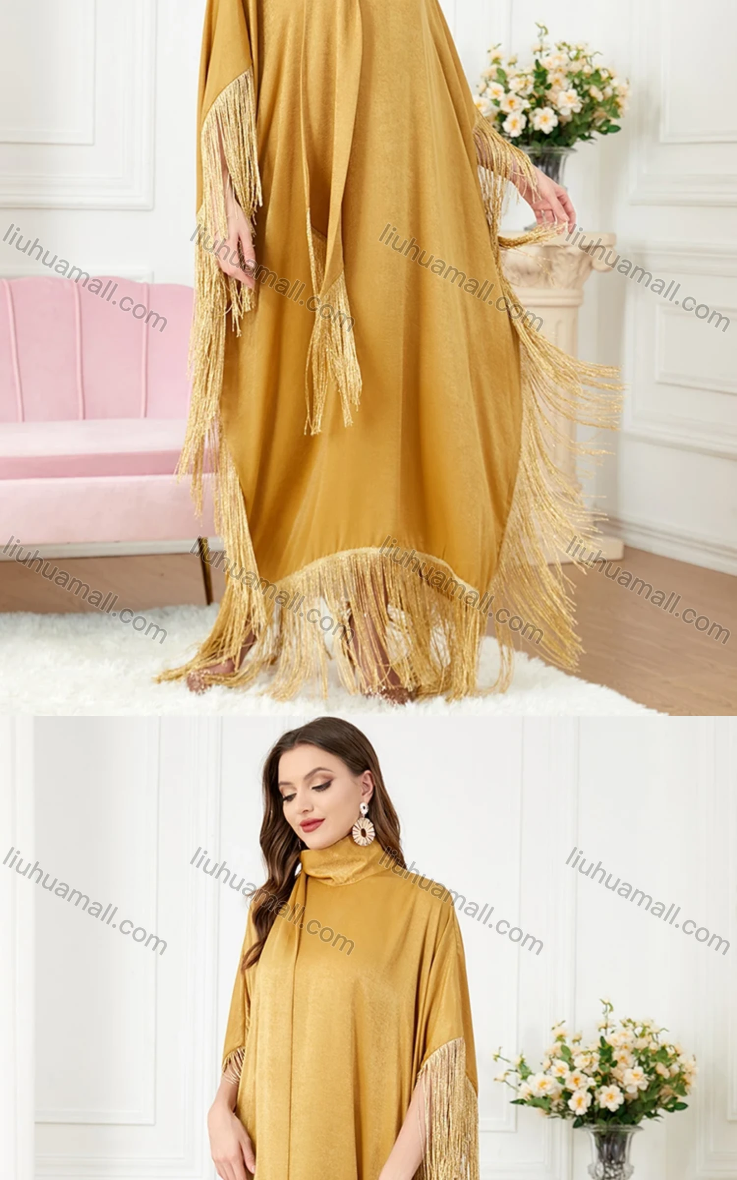 Wholesale Women's Arabic Dubai Muslim Islamic Satin Bat Sleeve Tassel Kaftan Dress With Scarf BNSQ1# - Liuhuamall